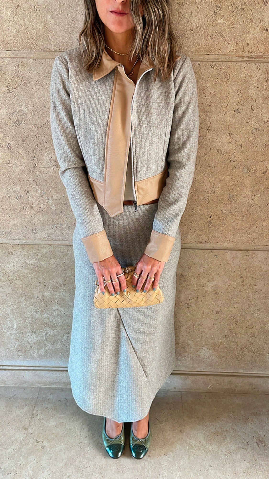 Beige Leather Jacket Skirt Set