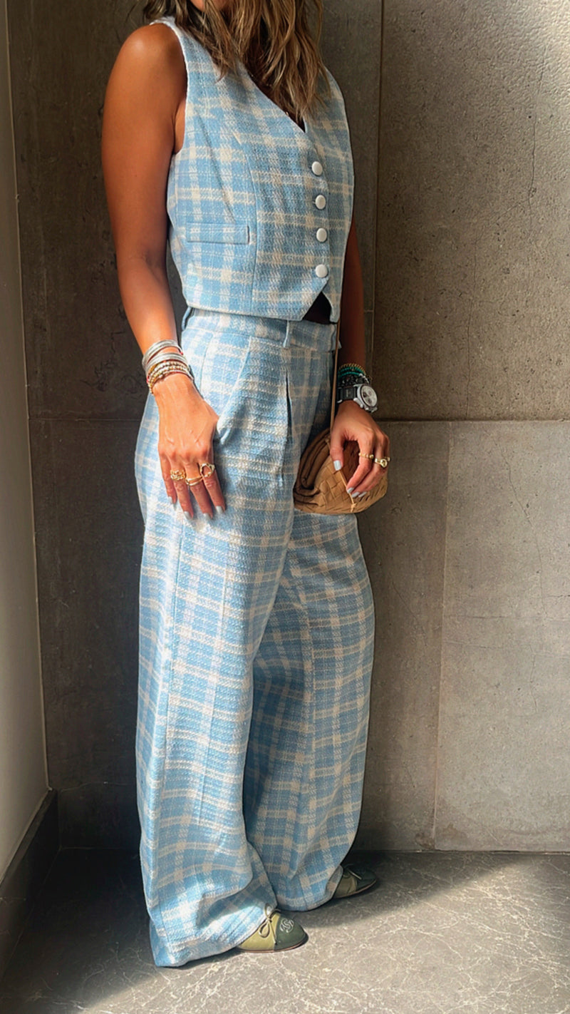 Blue Tweed Print Pants