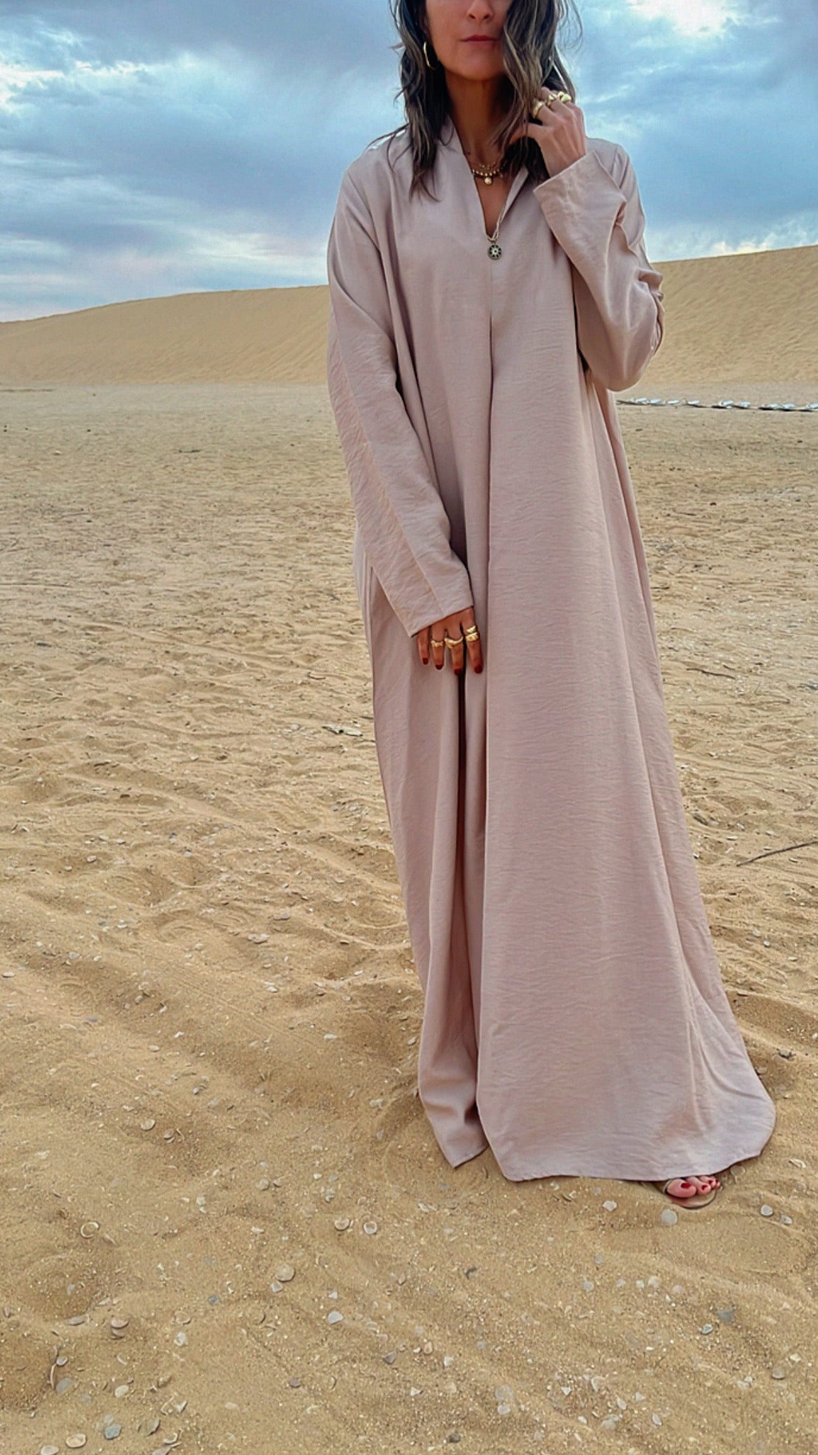 Beige Hooded Throw On Dress