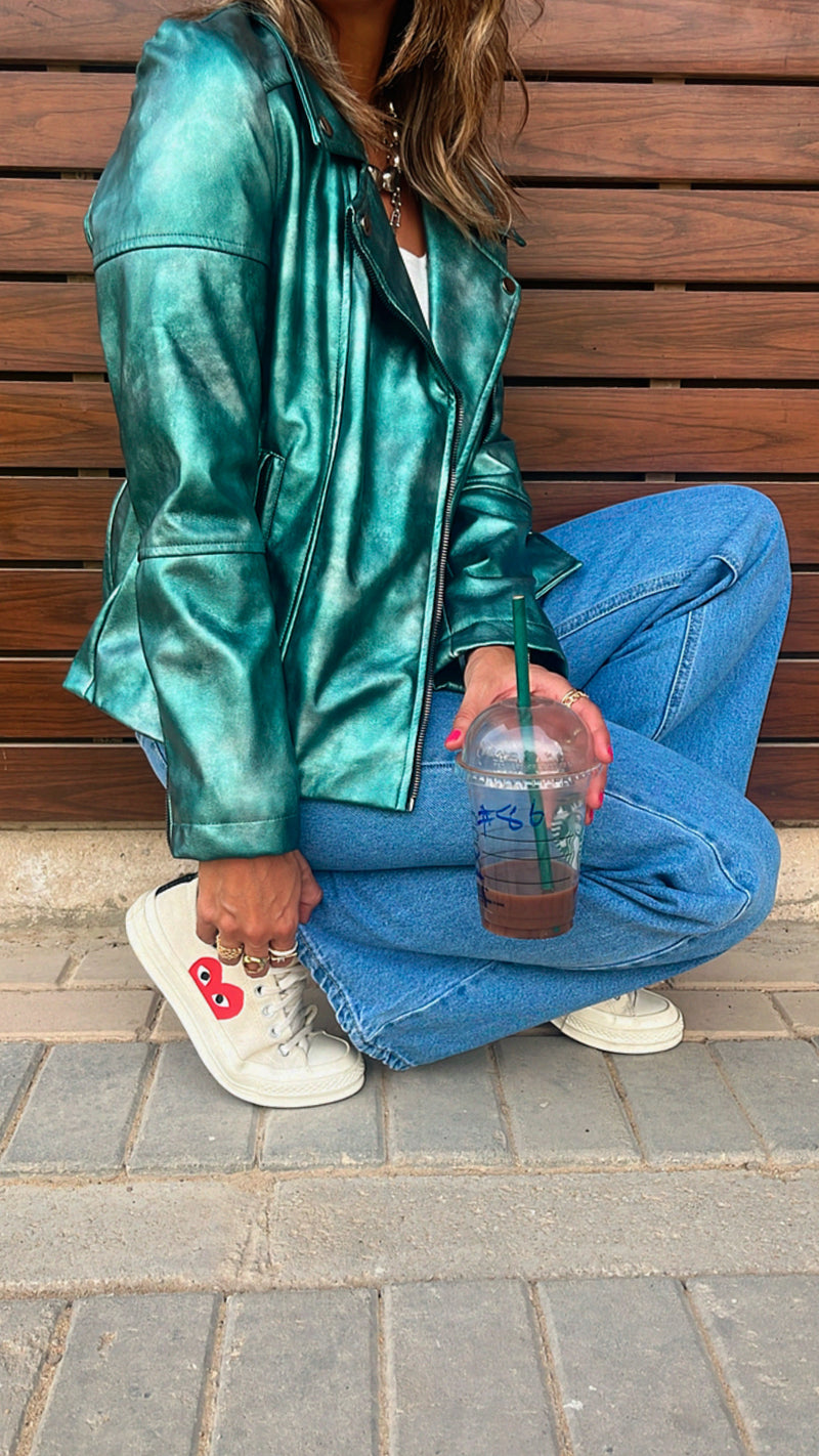 Green She’s Edgy Metallic Leather Jacket