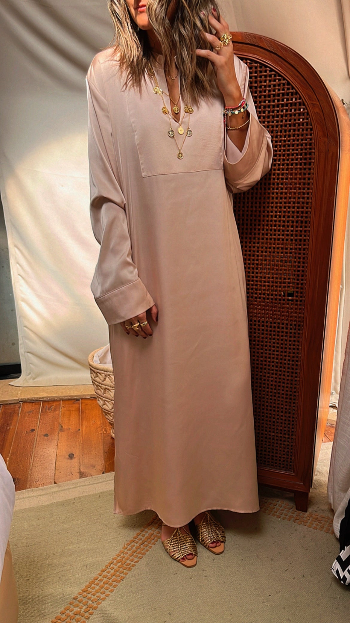 Beige V Glazed Dress