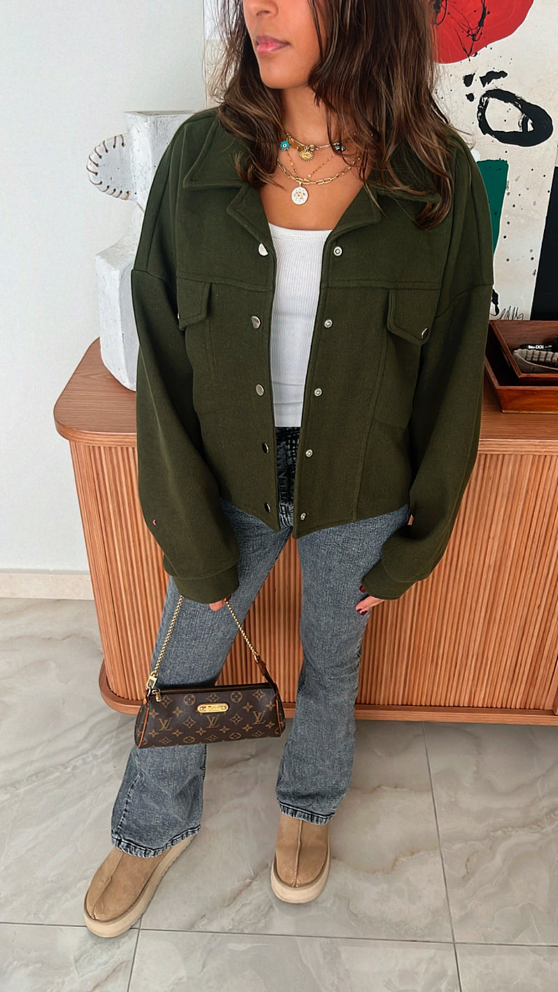 Olive Cropped Button Shacket