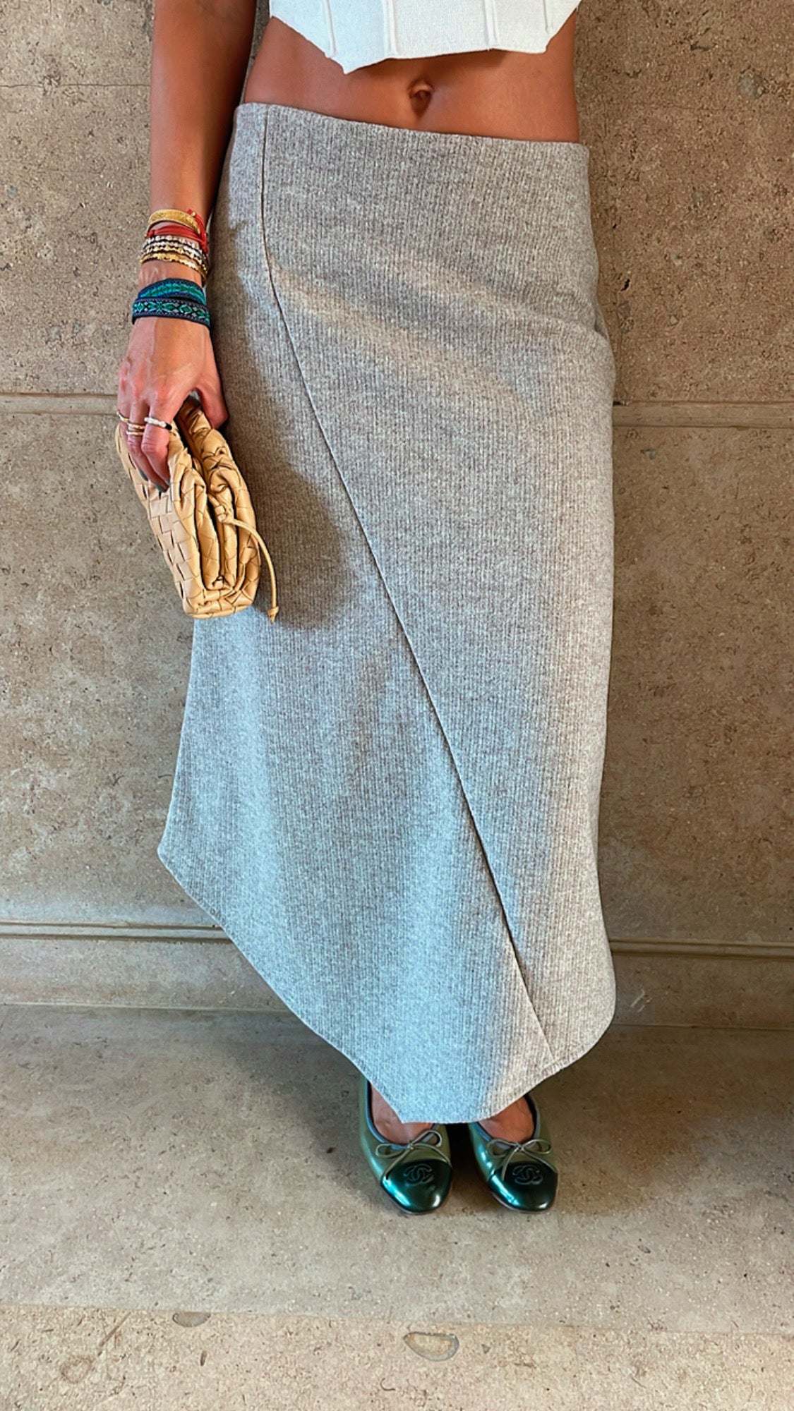 Beige Leather Jacket Skirt Set