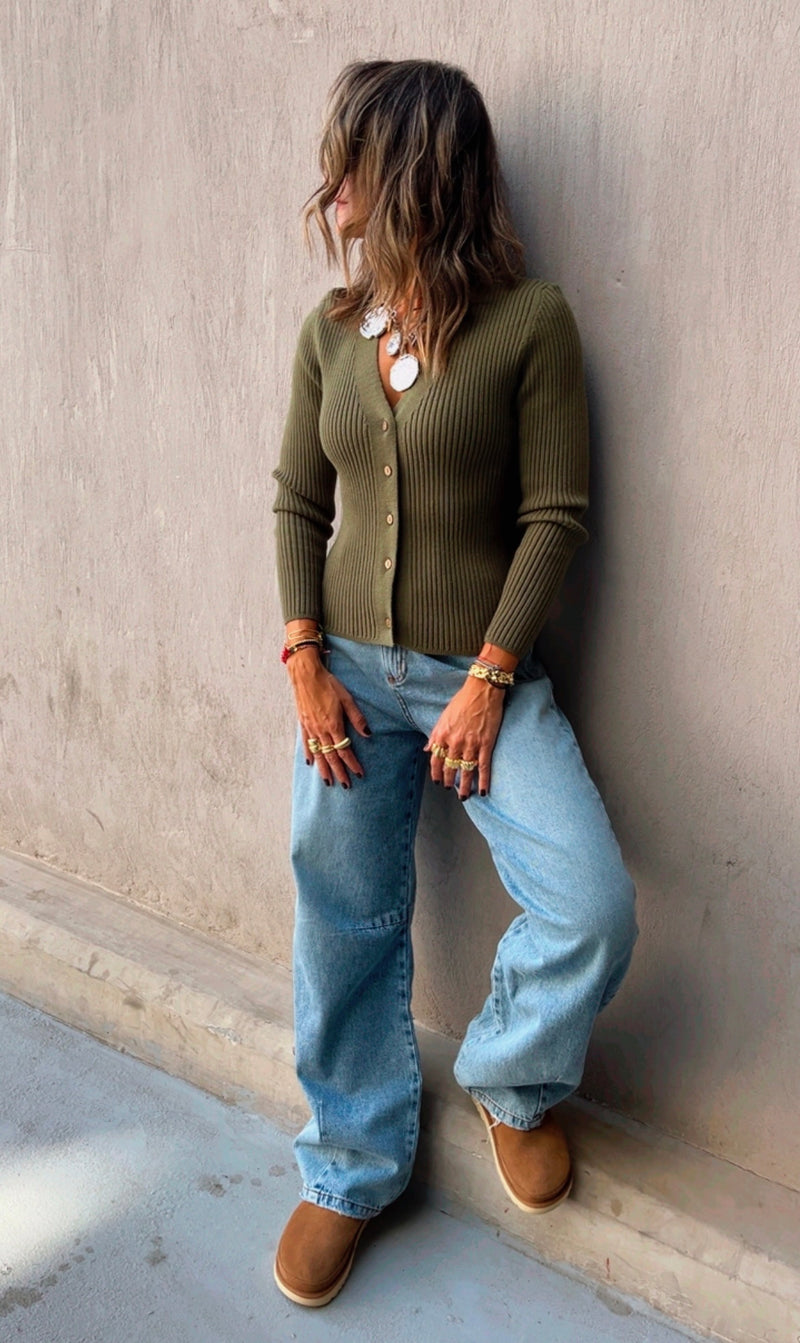 Olive Contour Buttoned Cardigan
