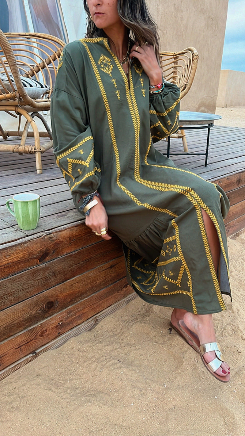Olive Embroidered Midi Dress