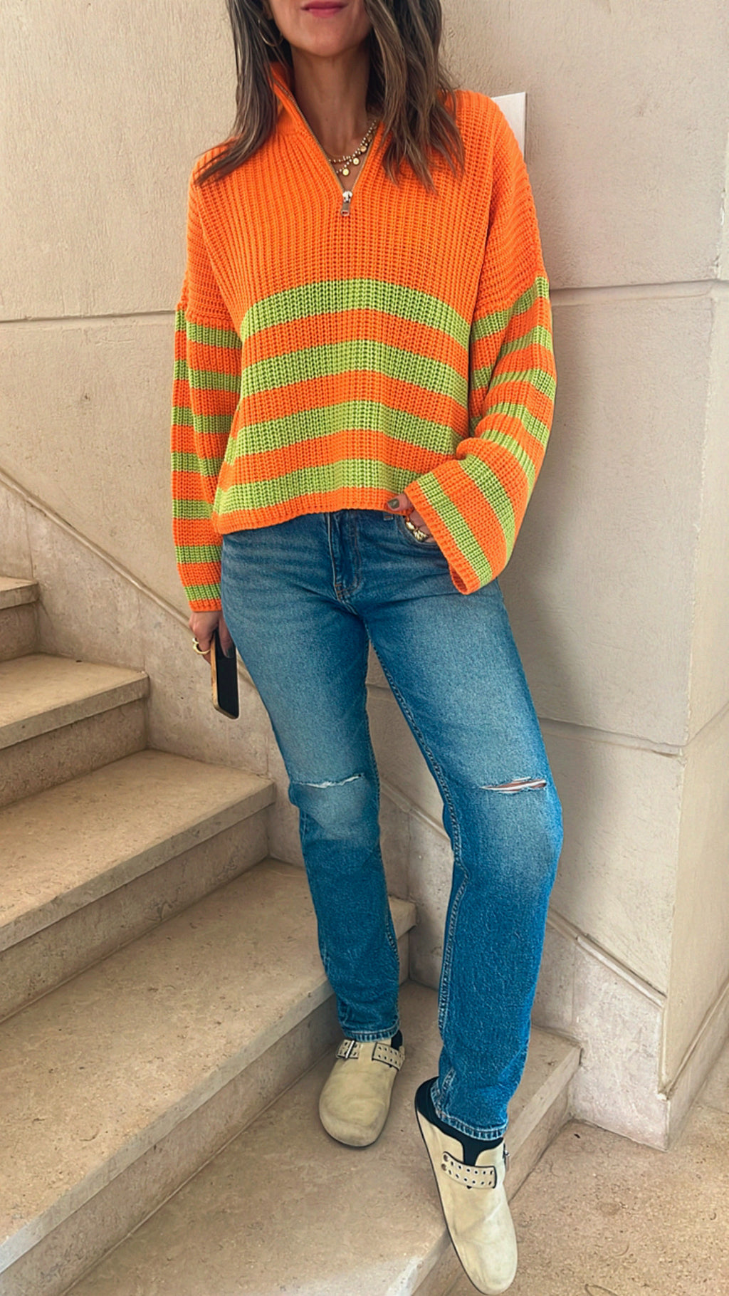 Orange Zip Up Striped Cropped Pullover