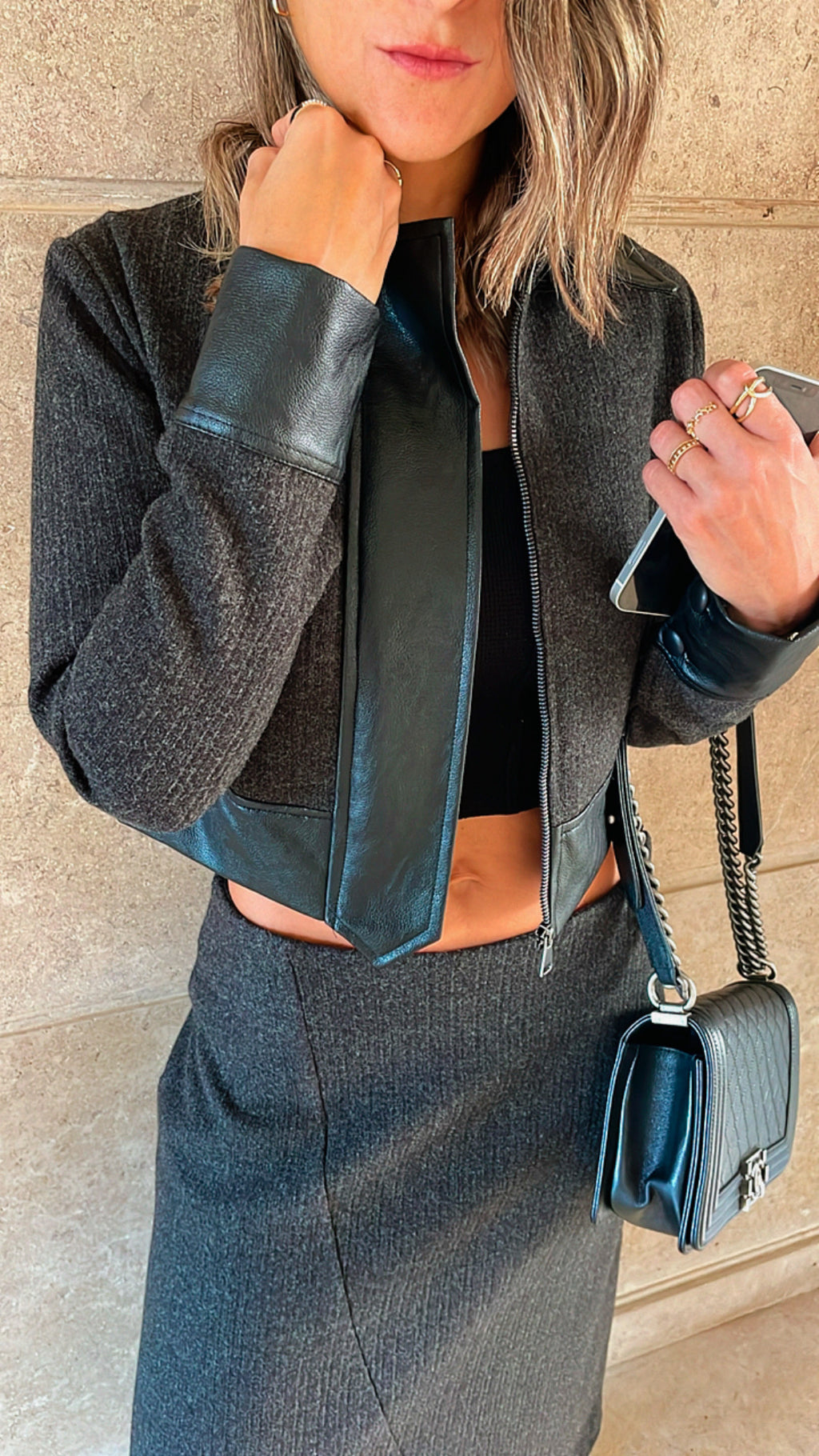 Black Leather Jacket Skirt Set