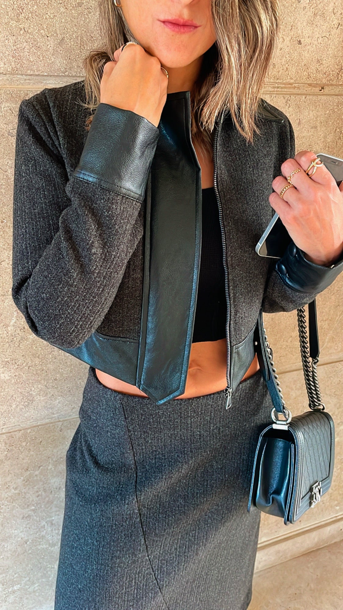 Black Leather Jacket Skirt Set