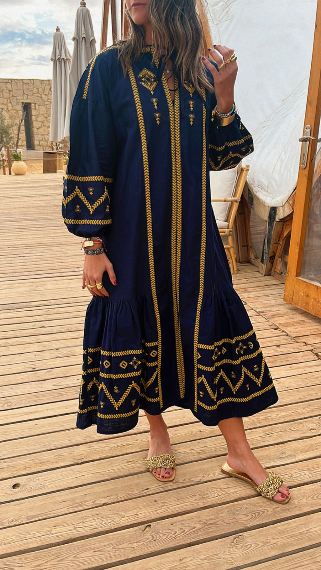Navy Embroidered Midi Dress