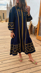 Navy Embroidered Midi Dress