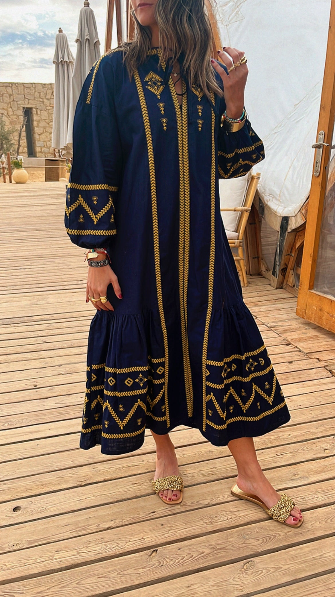 Navy Embroidered Midi Dress
