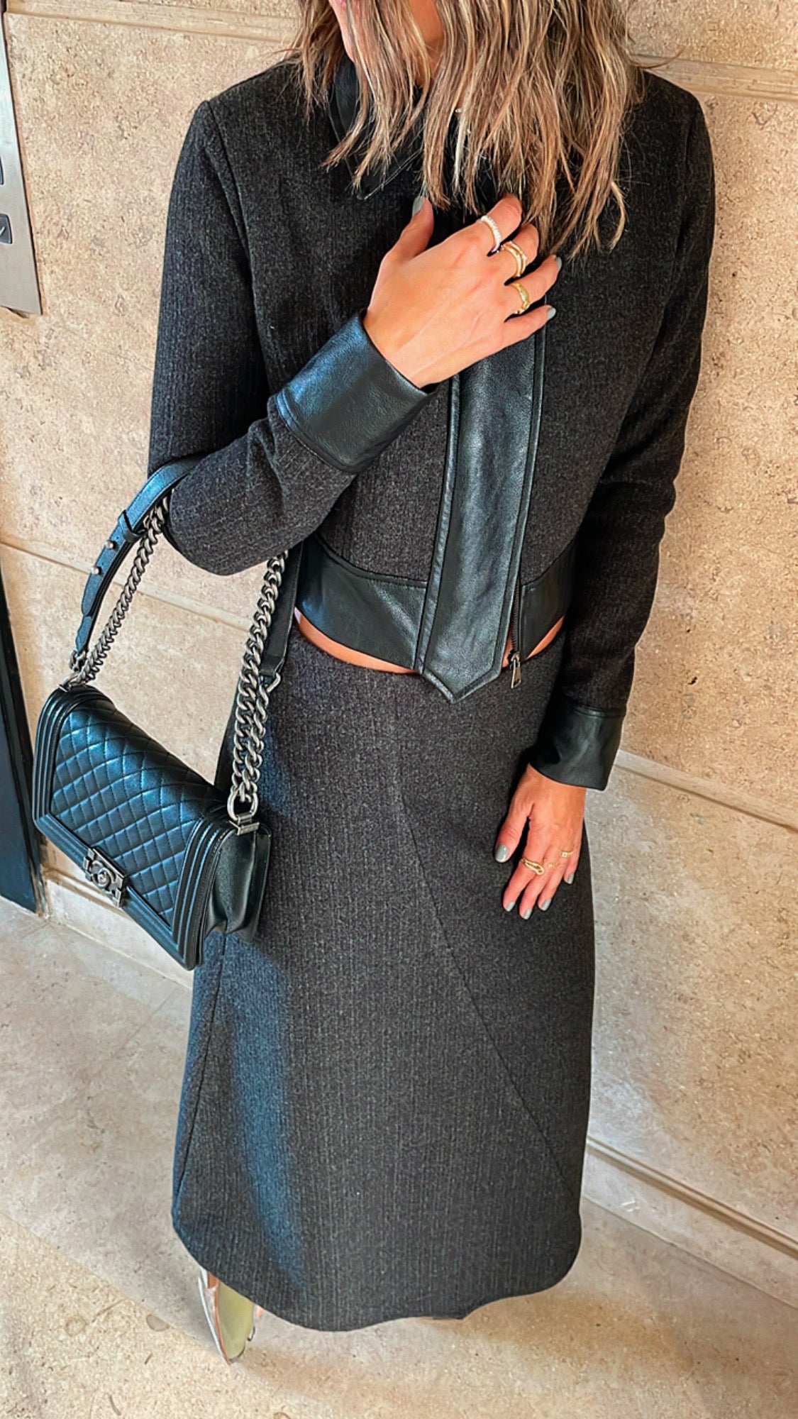 Black Leather Jacket Skirt Set