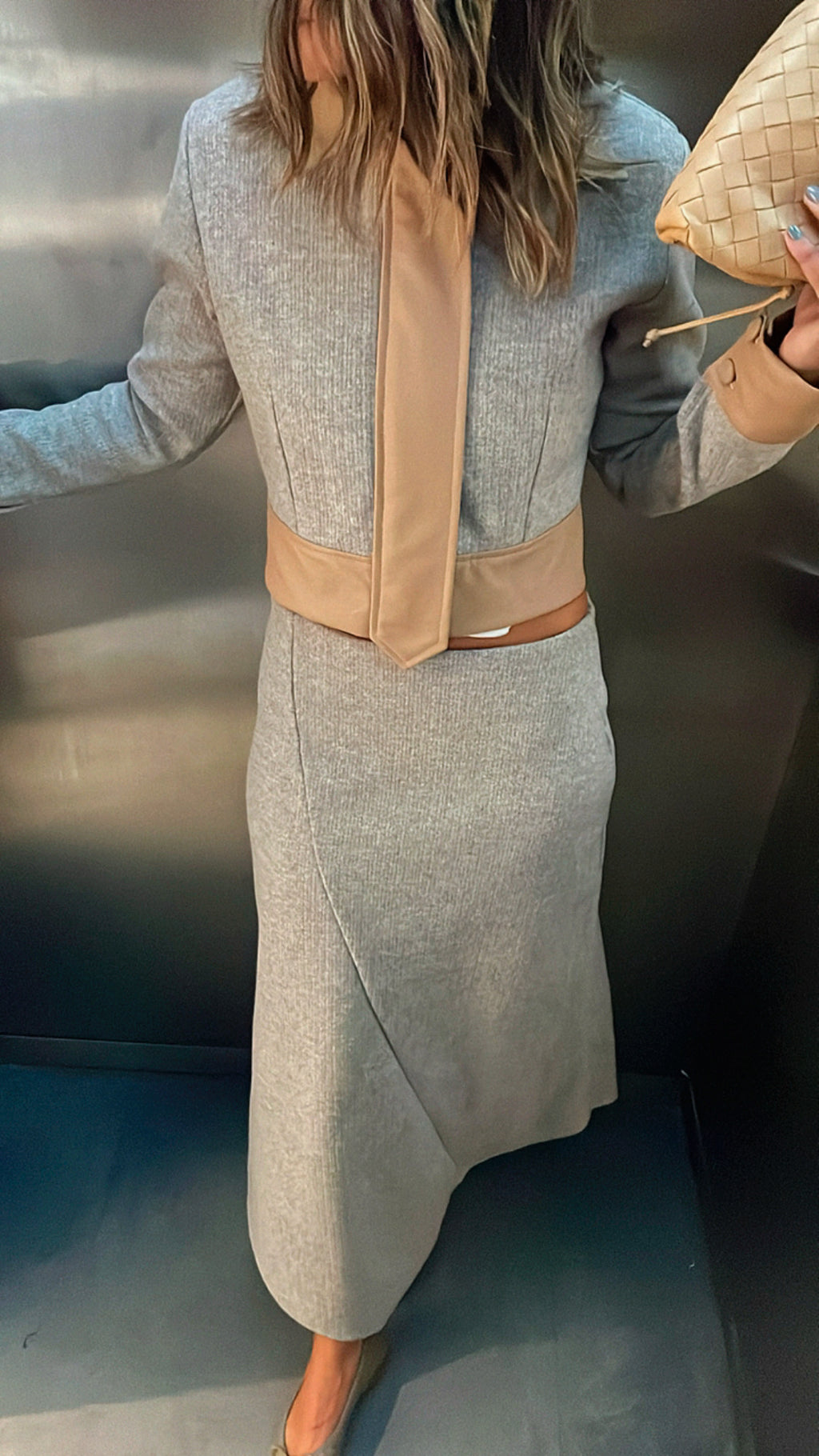 Beige Leather Jacket Skirt Set