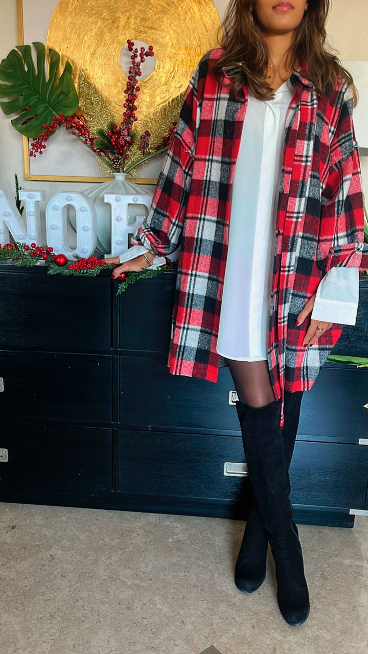 Red Buckled Flannel Longline Shirt