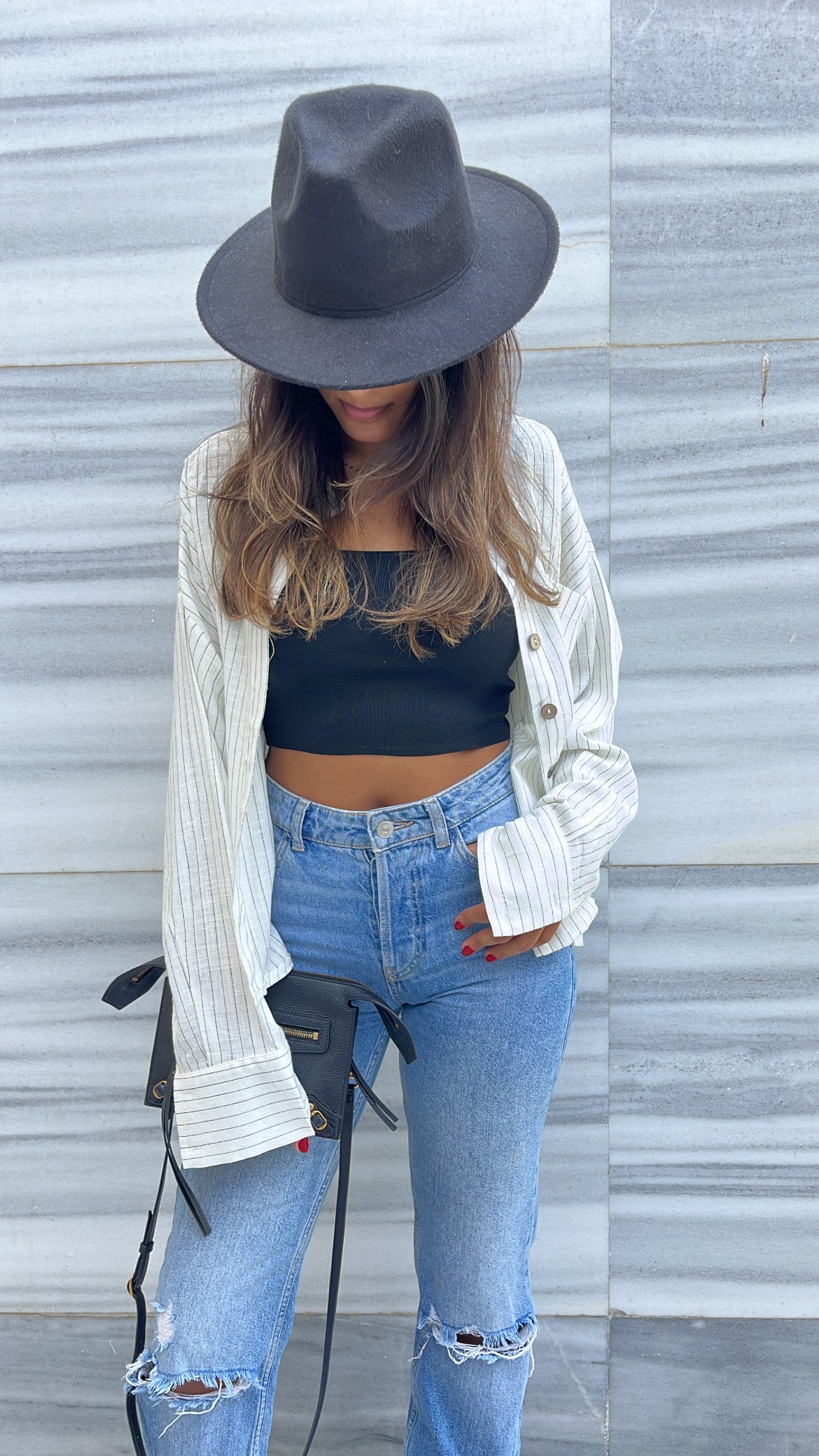 White Lined Linen Cropped Shirt