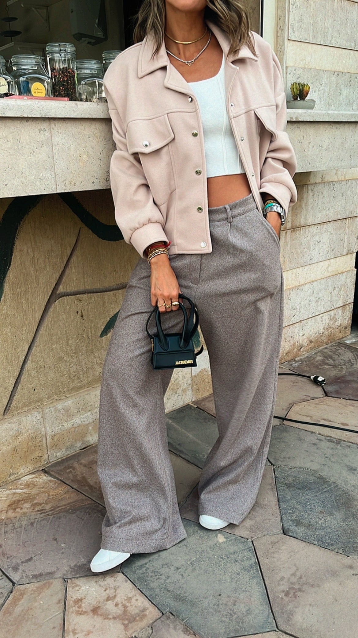 Beige Cropped Button Shacket