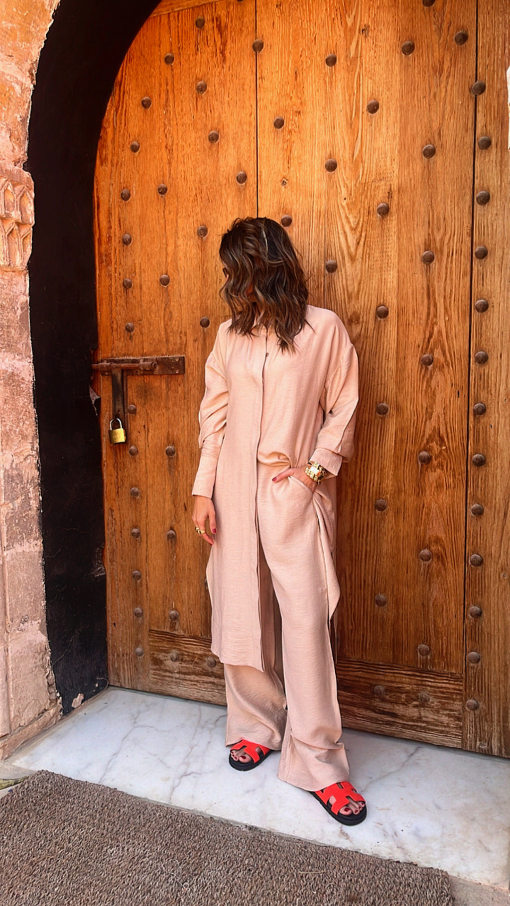 Beige Longline Shirt Set