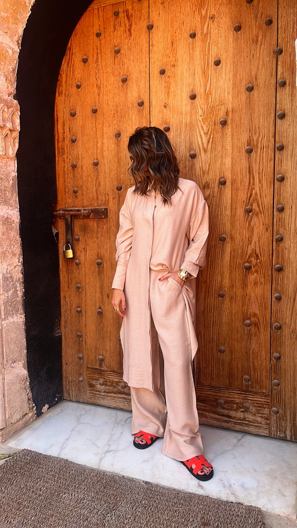 Beige Longline Shirt Set