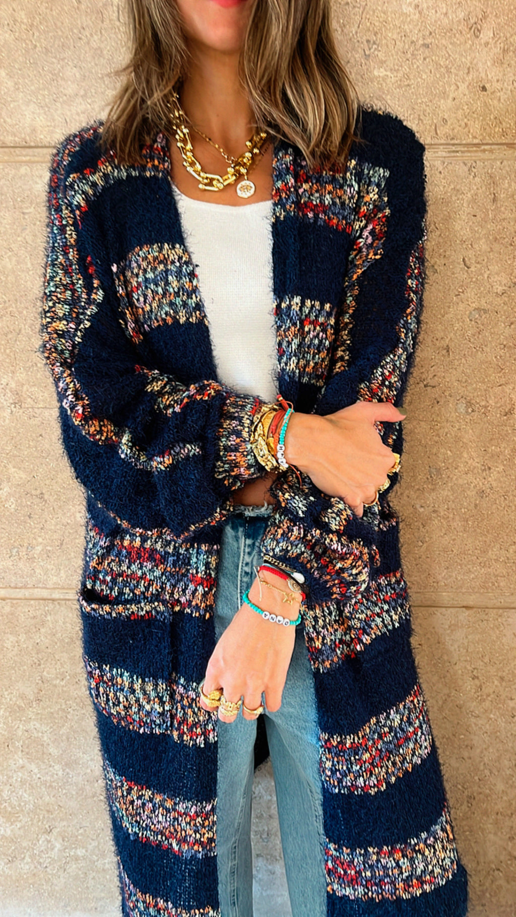 Navy Rainbow Fuzz Wool Cardi