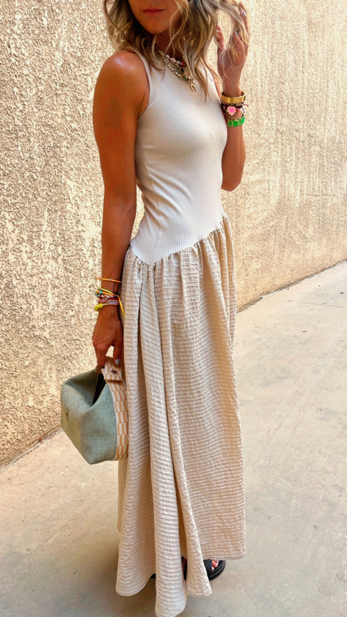 Beige Asymmetric Drop Waist Dress