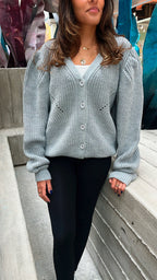 Grey Button Puff Sleeve Cardi