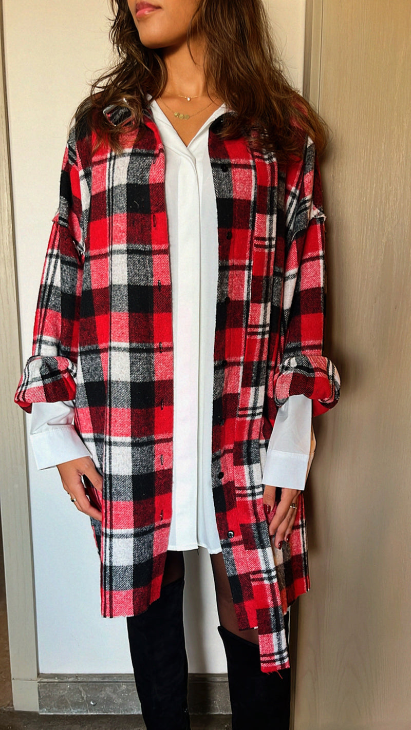Red Buckled Flannel Longline Shirt