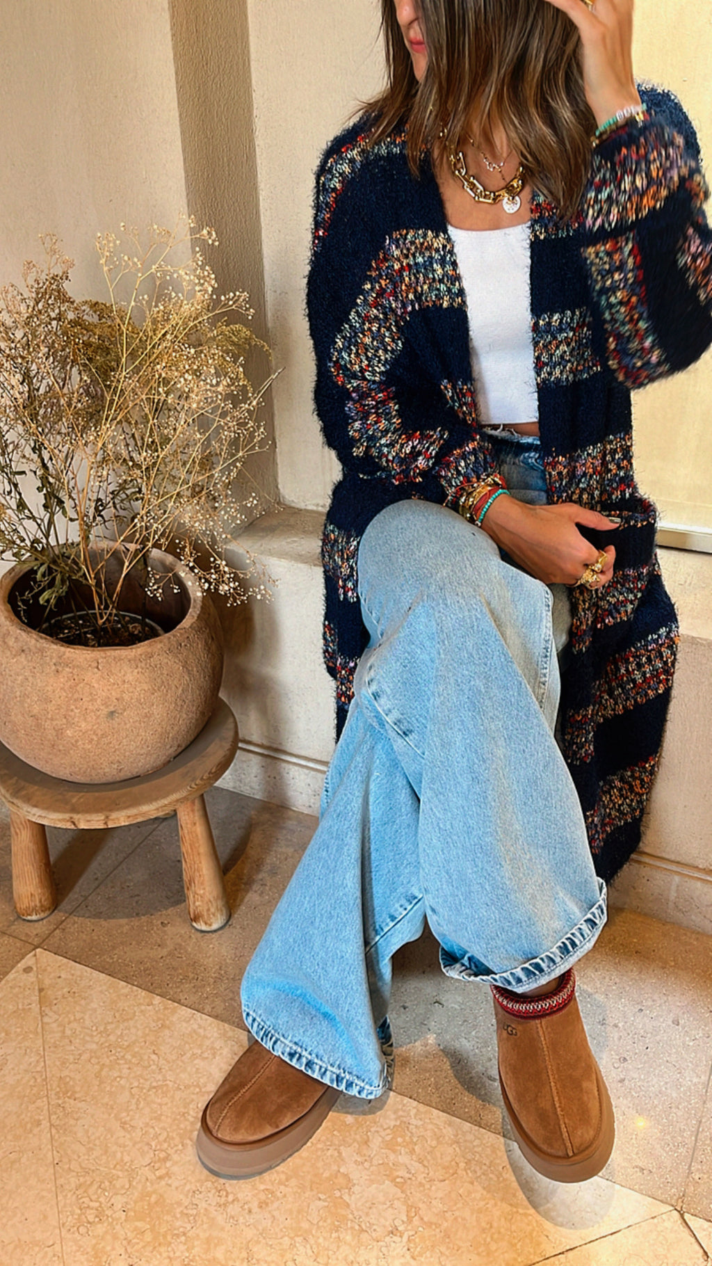 Navy Rainbow Fuzz Wool Cardi