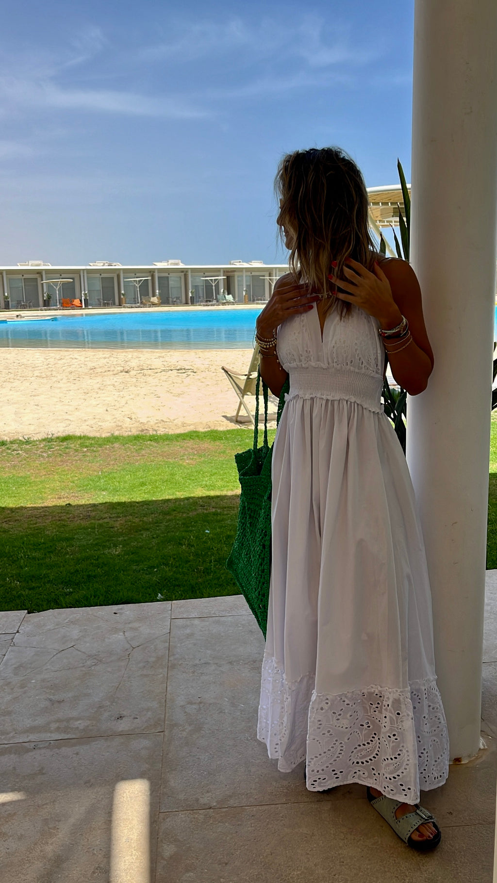 White Backless Summer Anglaise Trim Dress