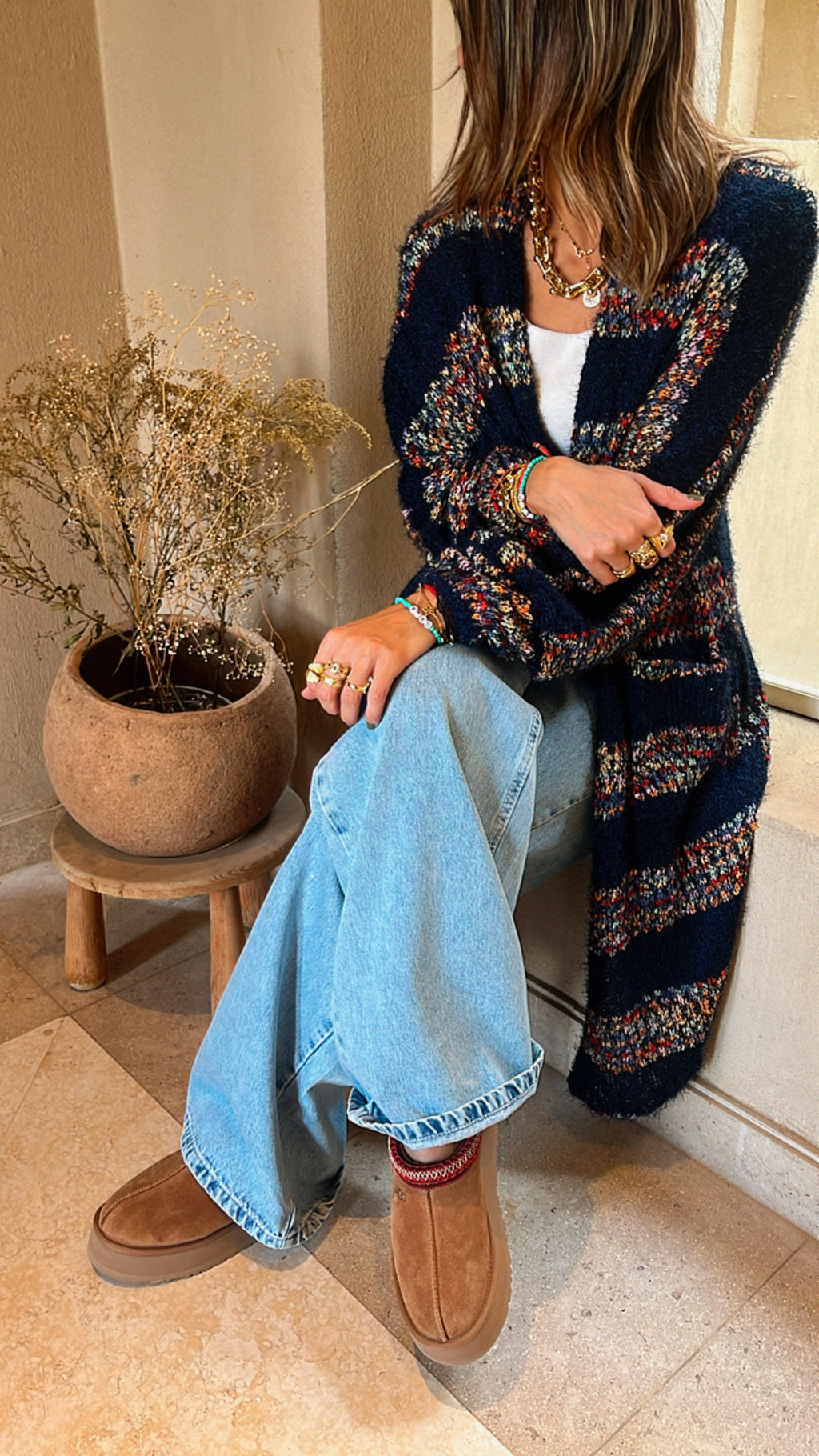 Navy Rainbow Fuzz Wool Cardi