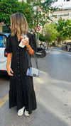 Black Lined Times Button Linen Dress