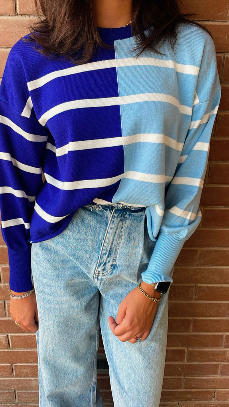 Baby Blue & Blue Colorblock Knit Pullover