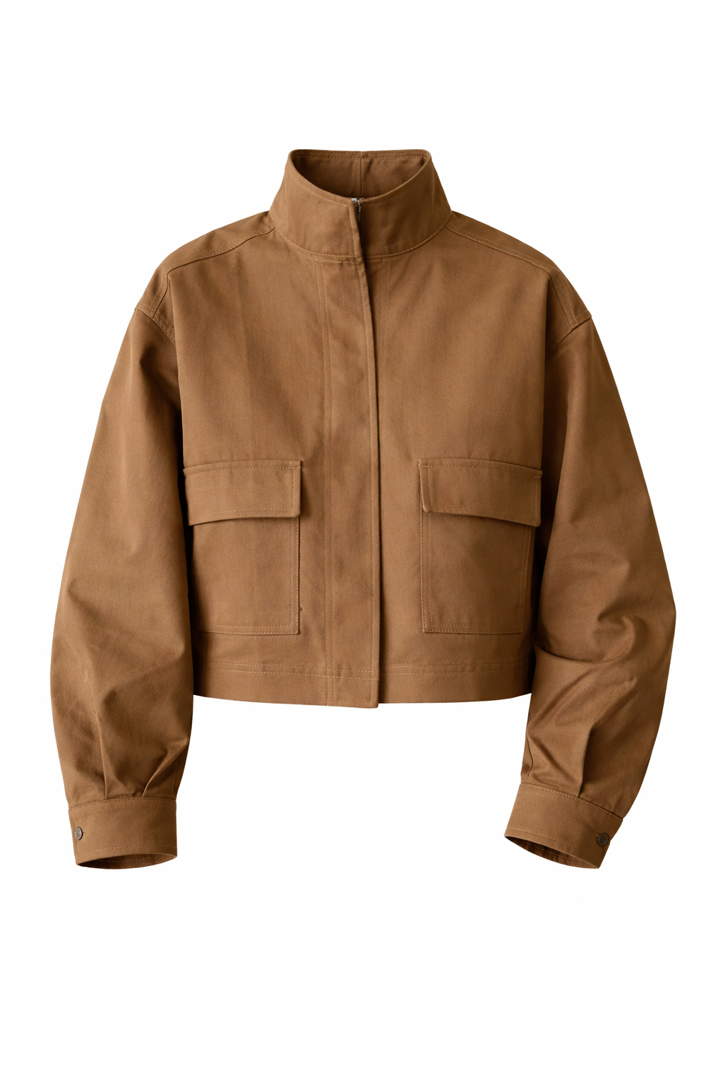 Brown Funnel Neck Gabardine Jacket