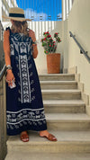 Navy Grecian Embroidered Linen Dress