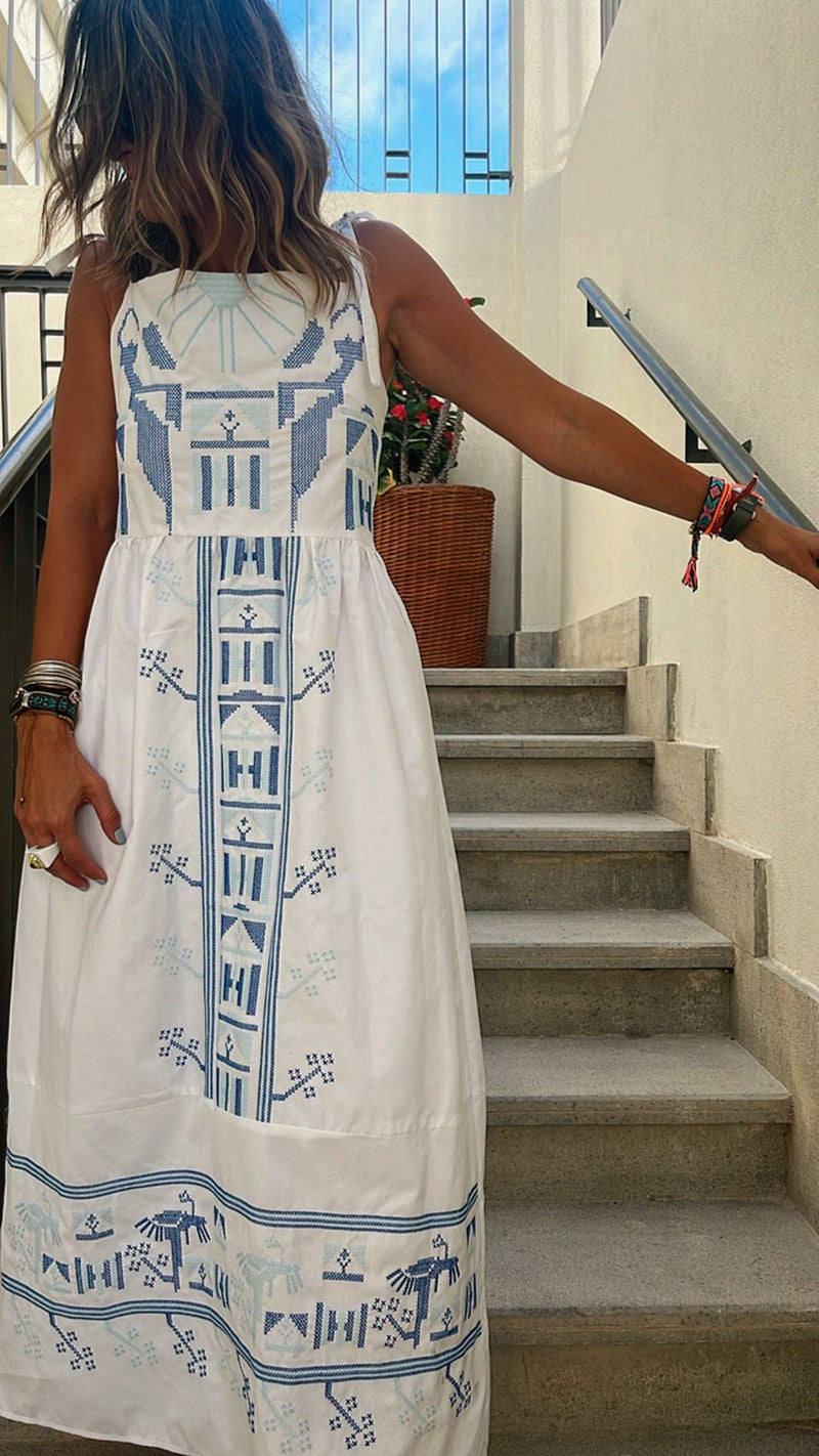 White Grecian Embroidered Linen Dress