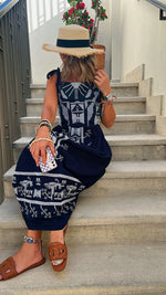 Navy Grecian Embroidered Linen Dress