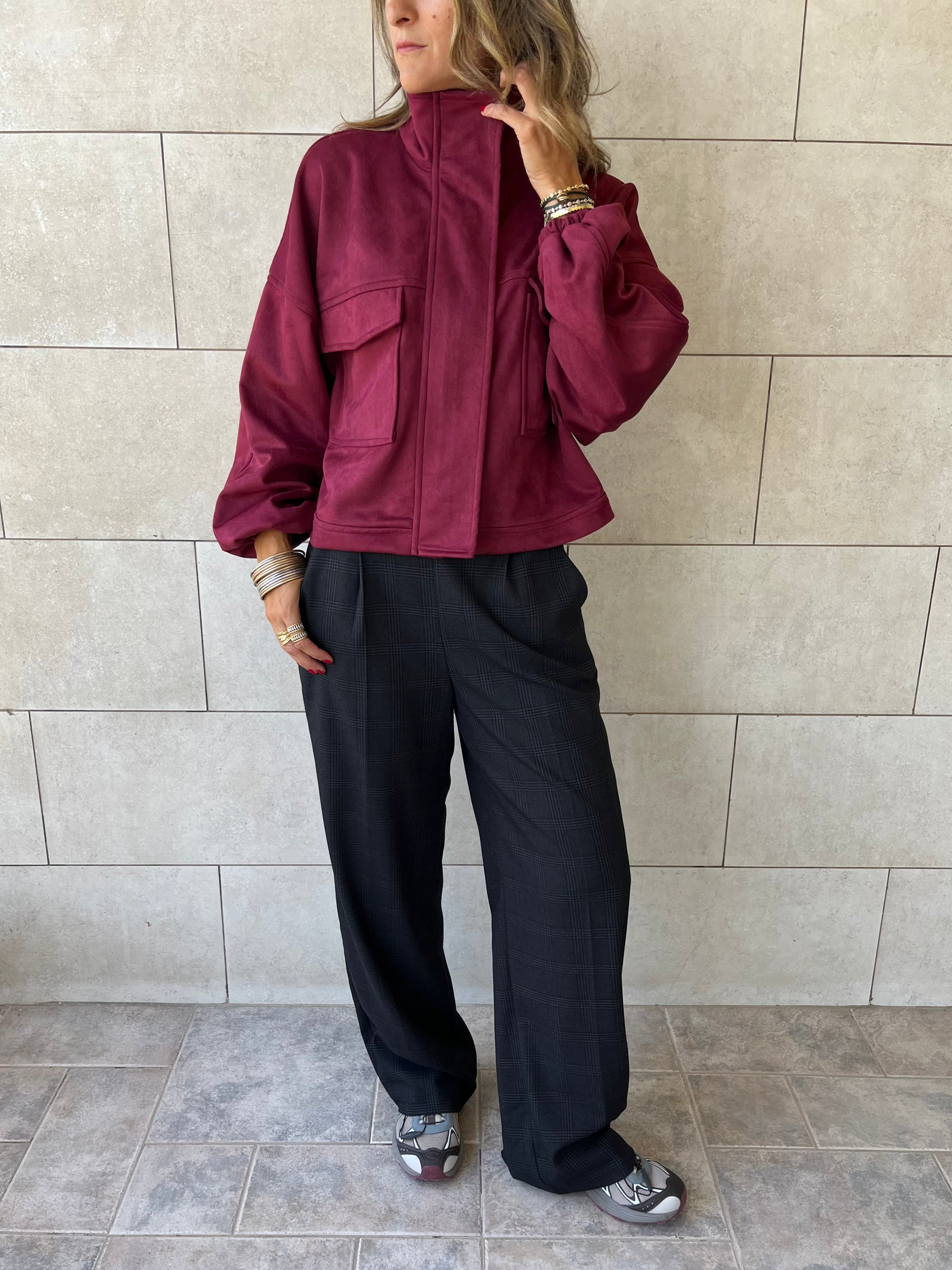 Plum Funnel Neck Suede Jacket