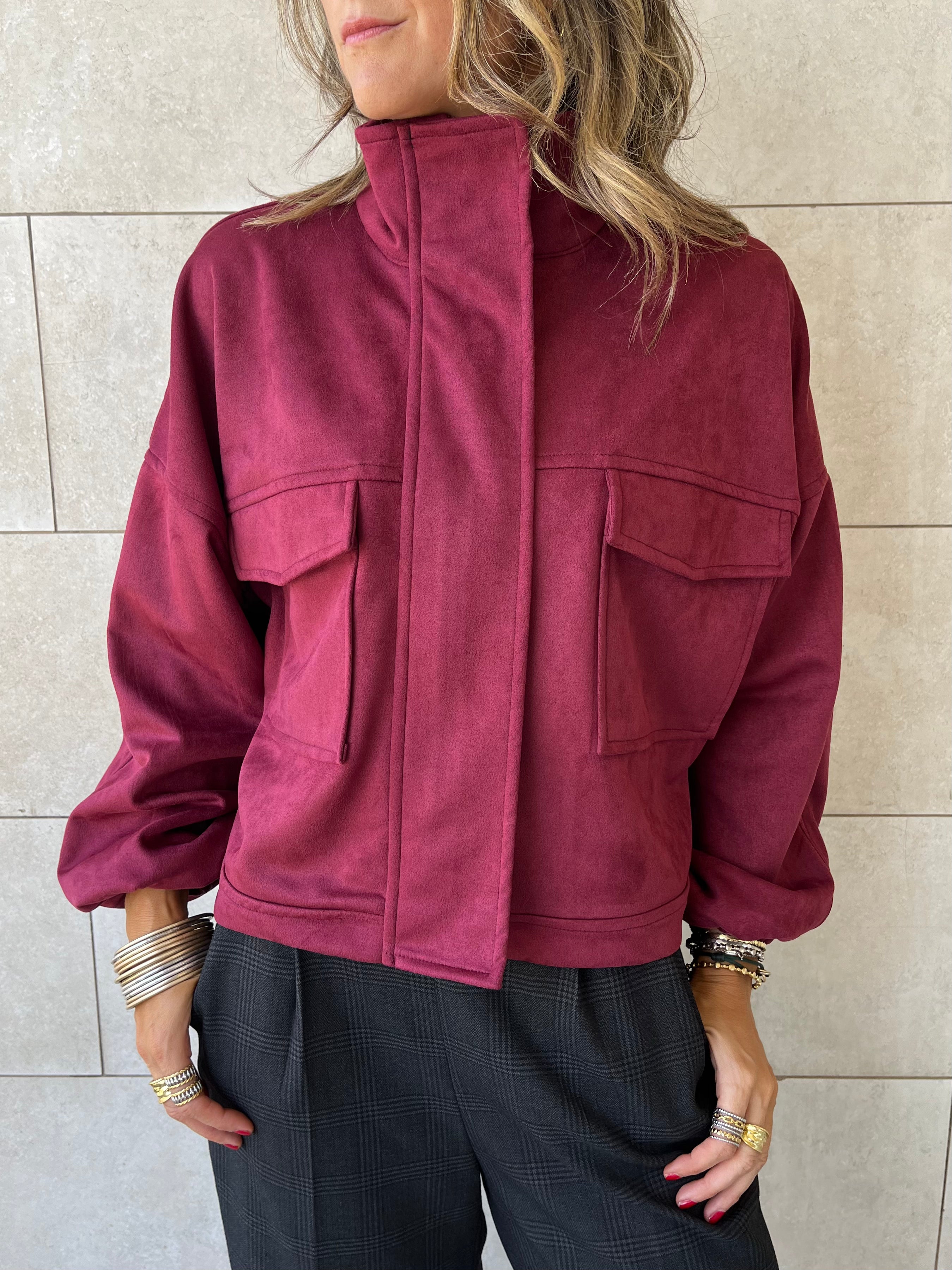 Plum Funnel Neck Suede Jacket