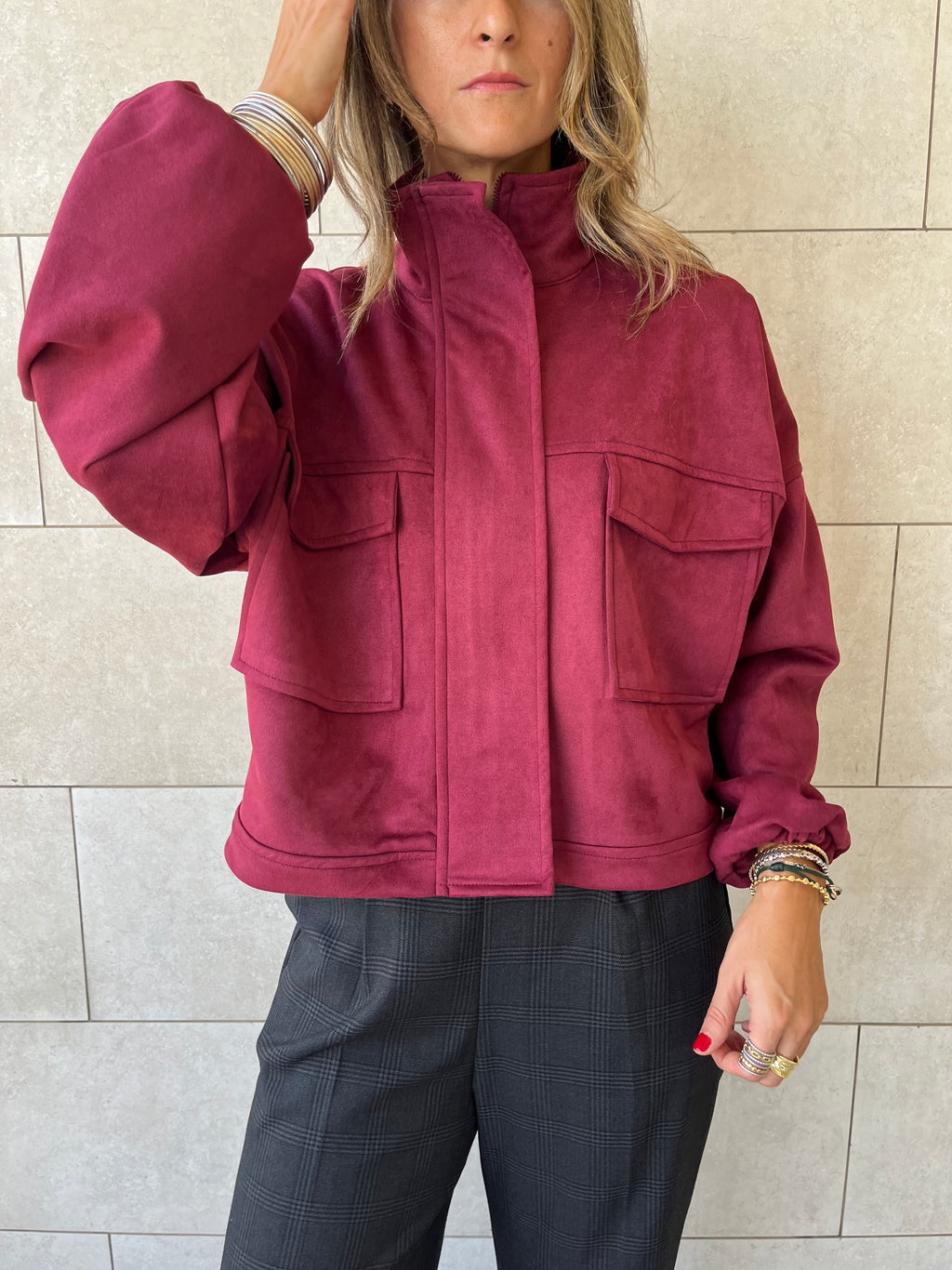 Plum Funnel Neck Suede Jacket