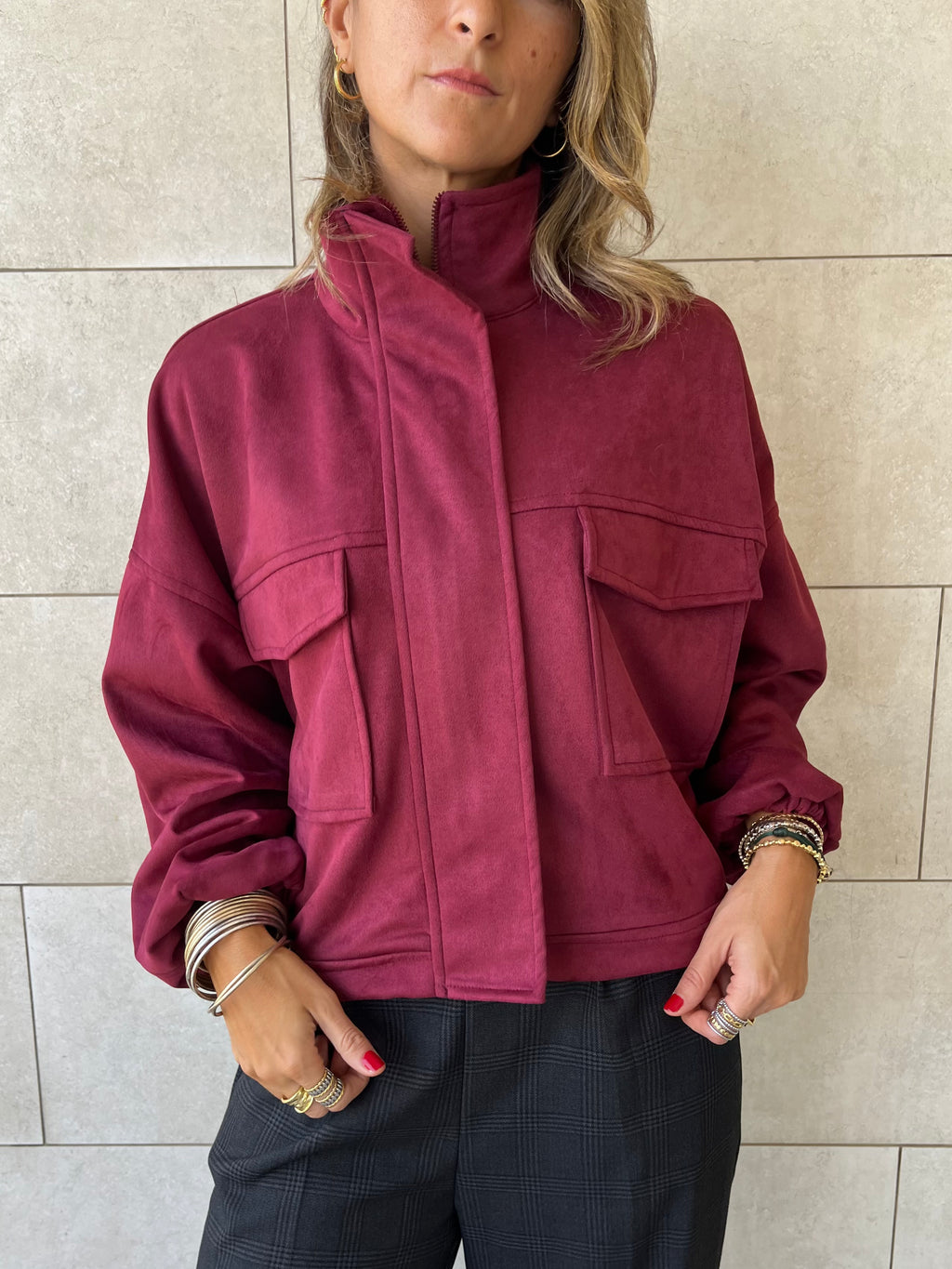 Plum Funnel Neck Suede Jacket