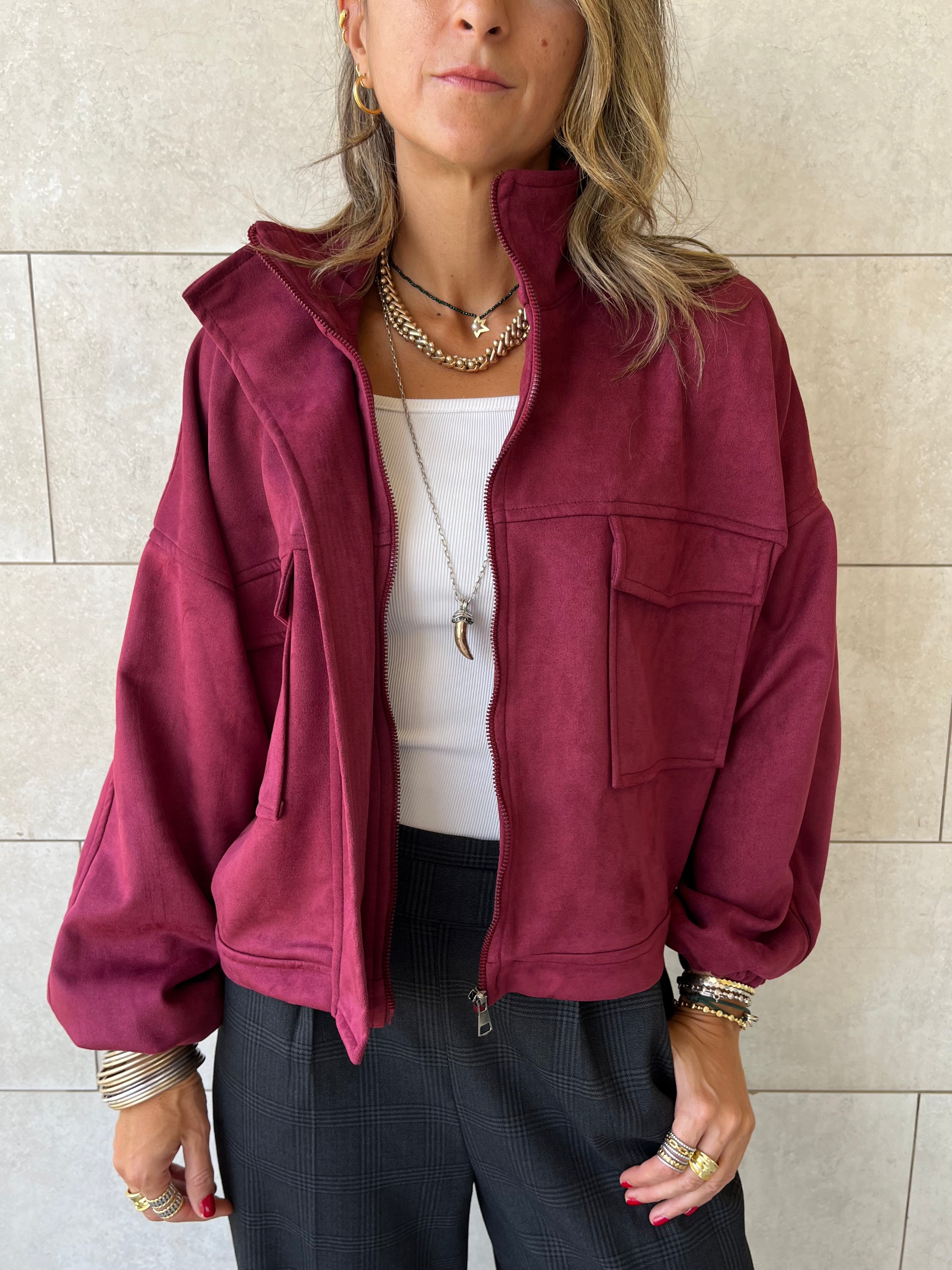 Plum Funnel Neck Suede Jacket
