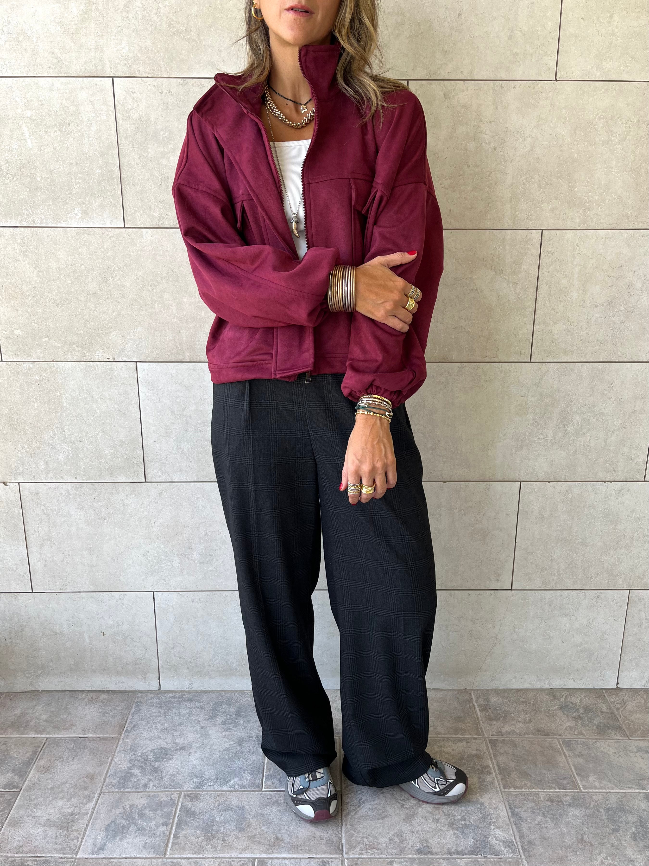 Plum Funnel Neck Suede Jacket