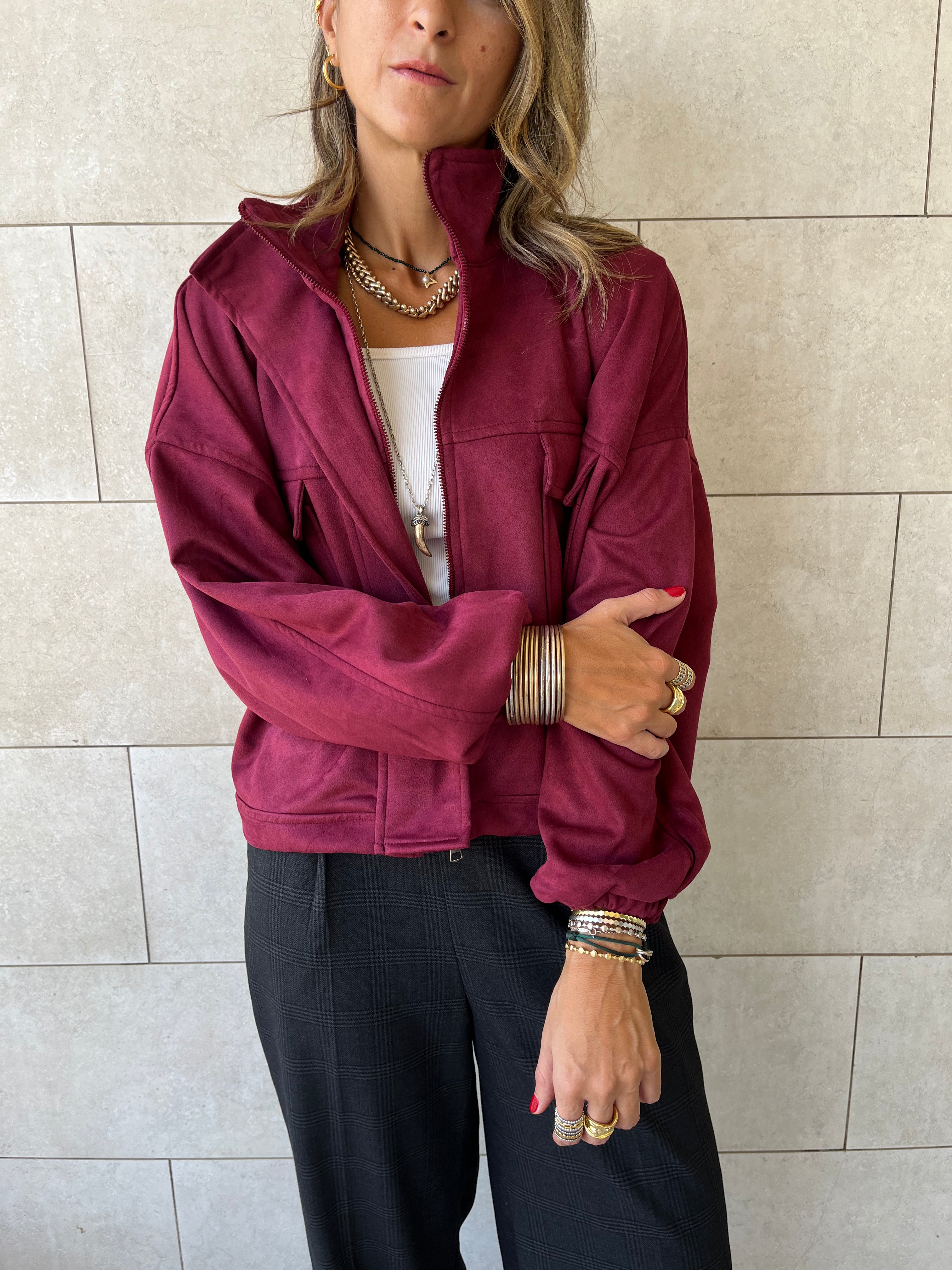 Plum Funnel Neck Suede Jacket