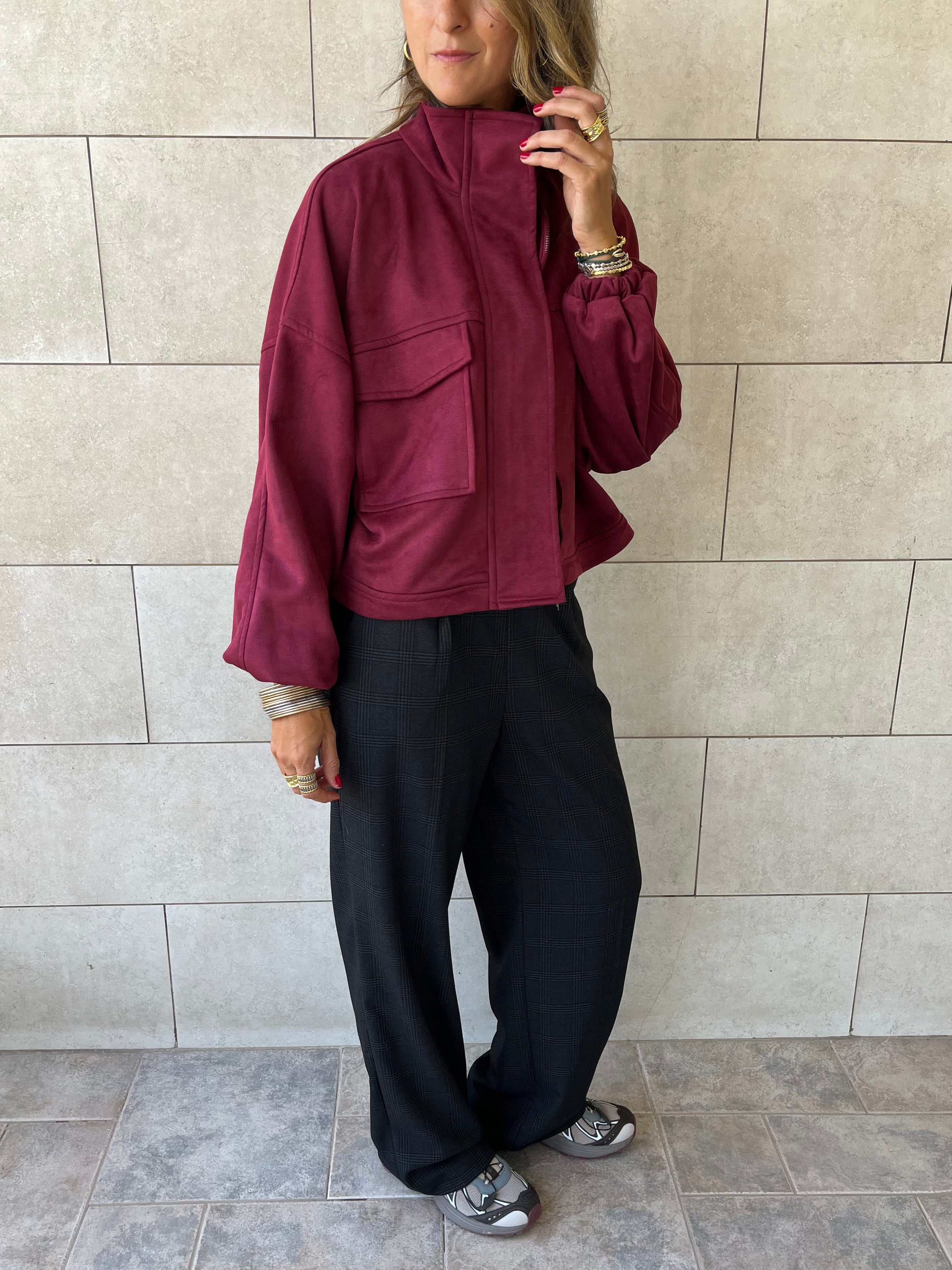 Plum Funnel Neck Suede Jacket