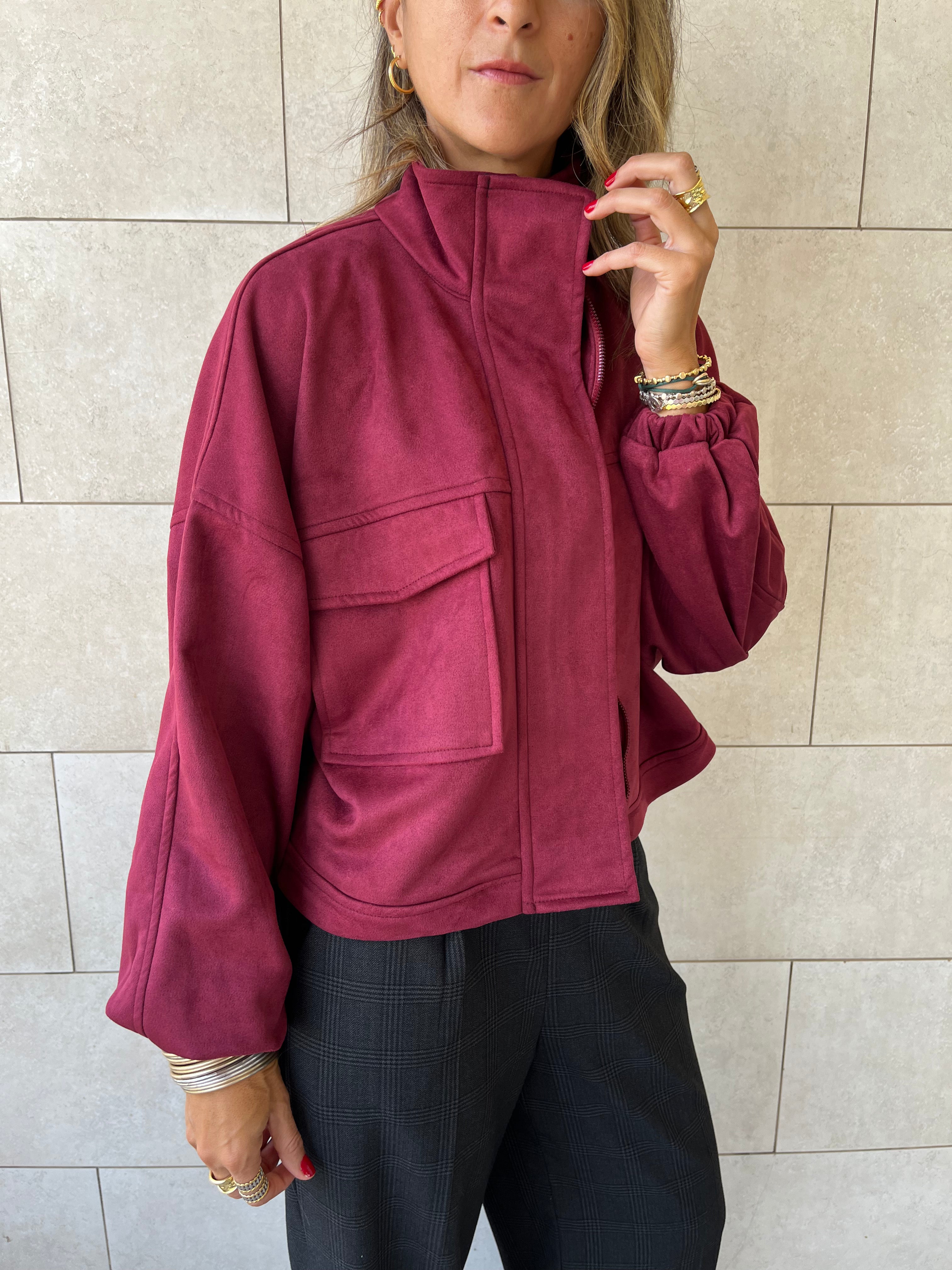 Plum Funnel Neck Suede Jacket