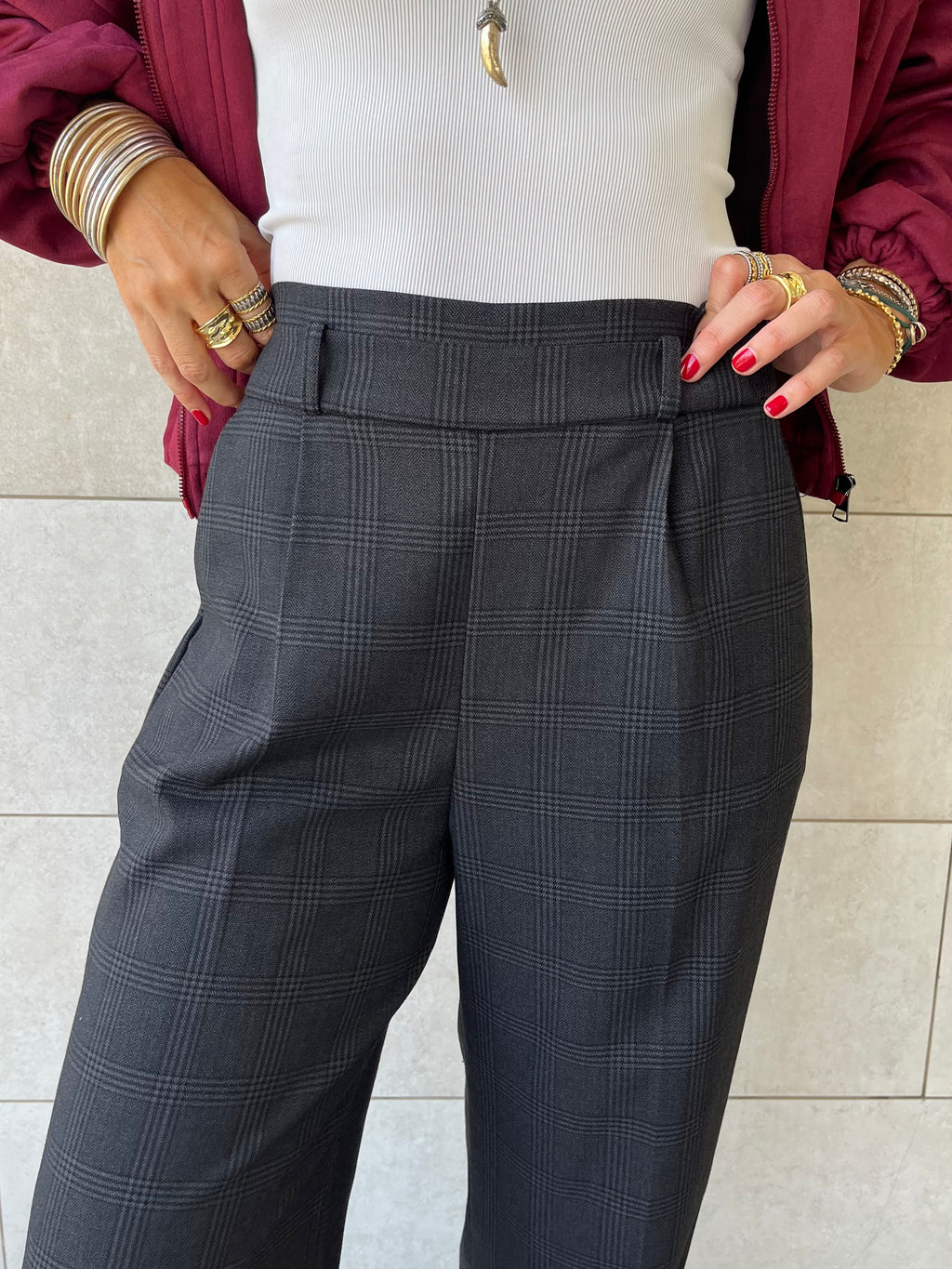 Black Checkered Frillu Signature Pleated Pants