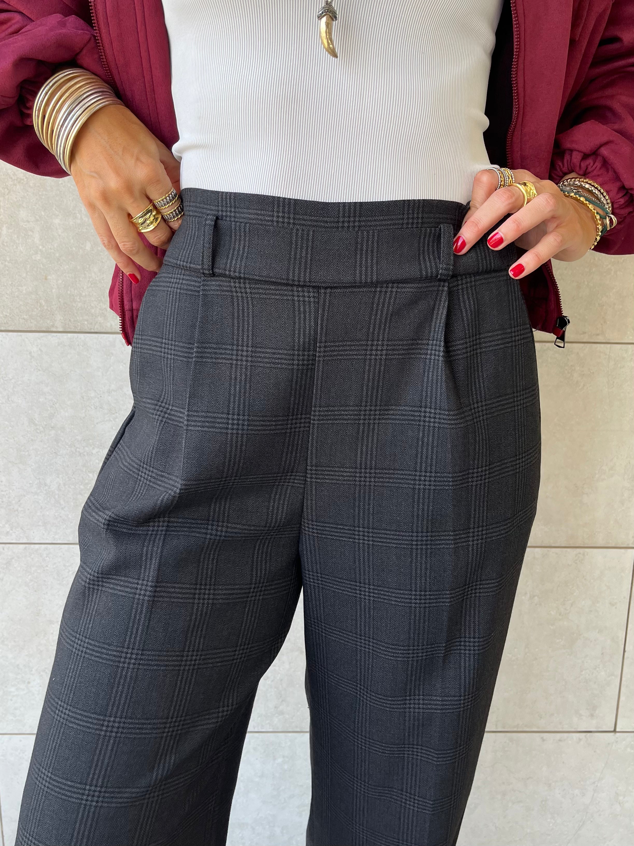 Black Checkered Frillu Signature Pleated Pants
