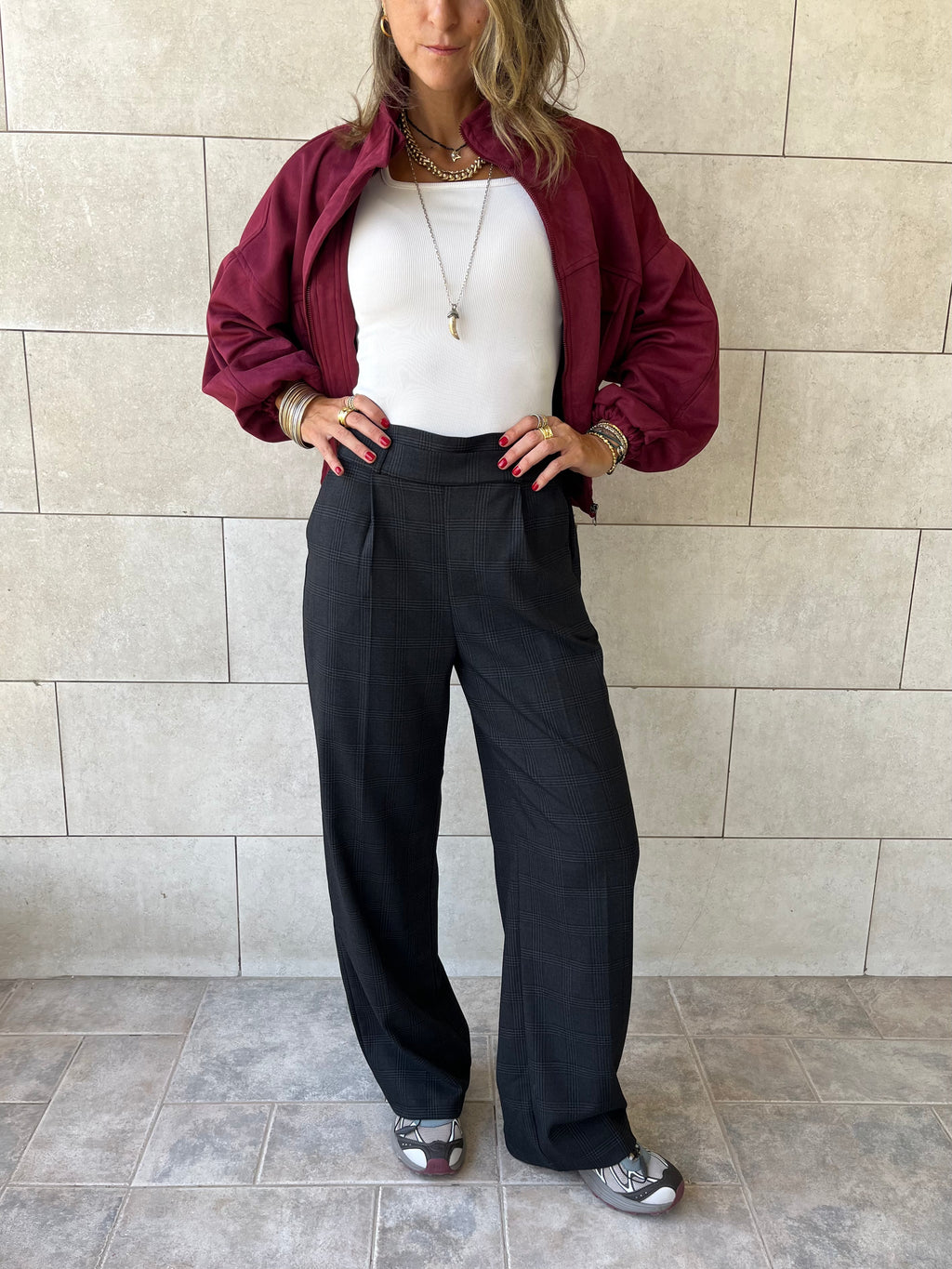 Black Checkered Frillu Signature Pleated Pants