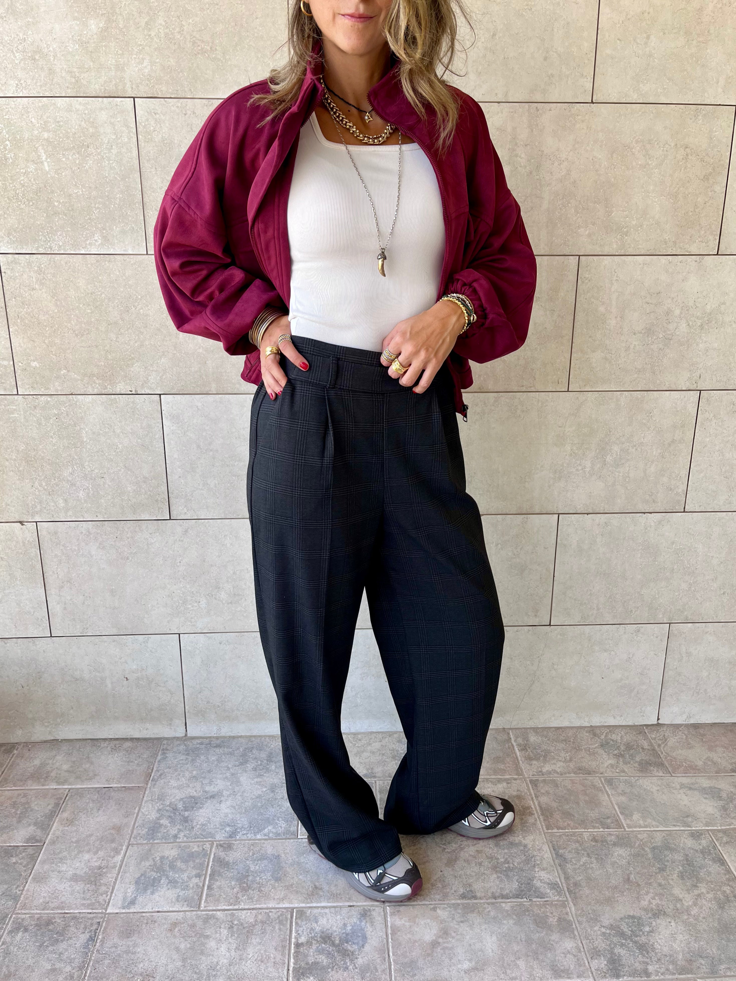 Black Checkered Frillu Signature Pleated Pants