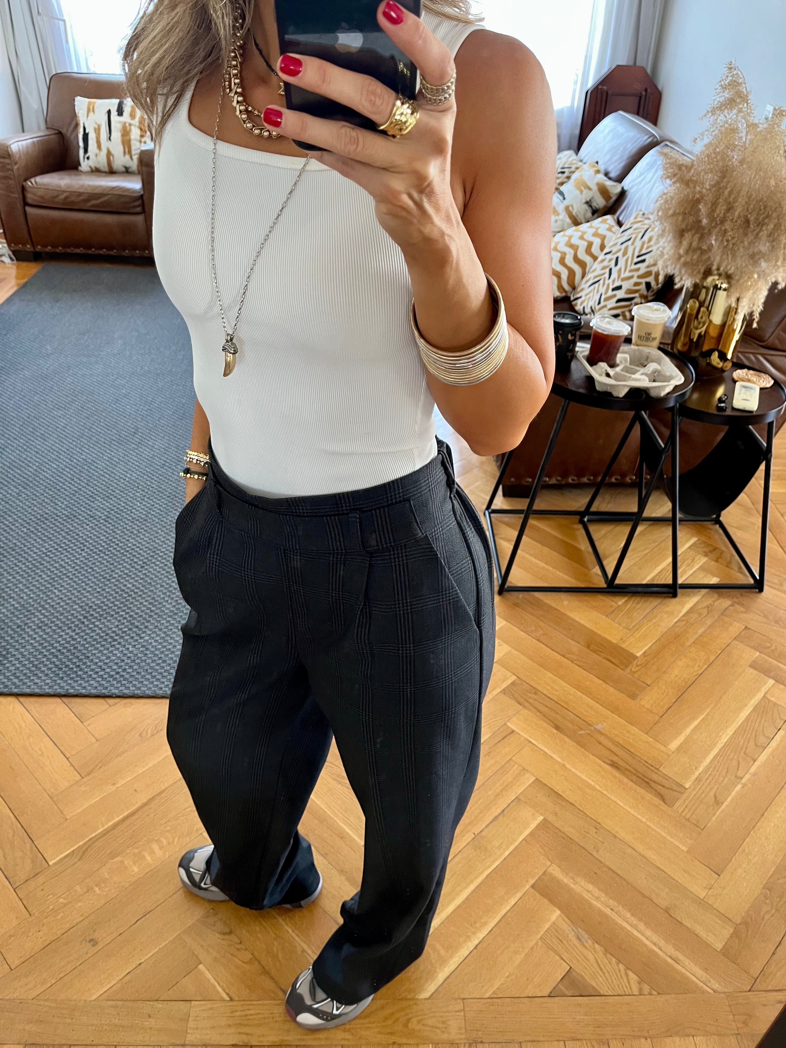 Black Checkered Frillu Signature Pleated Pants