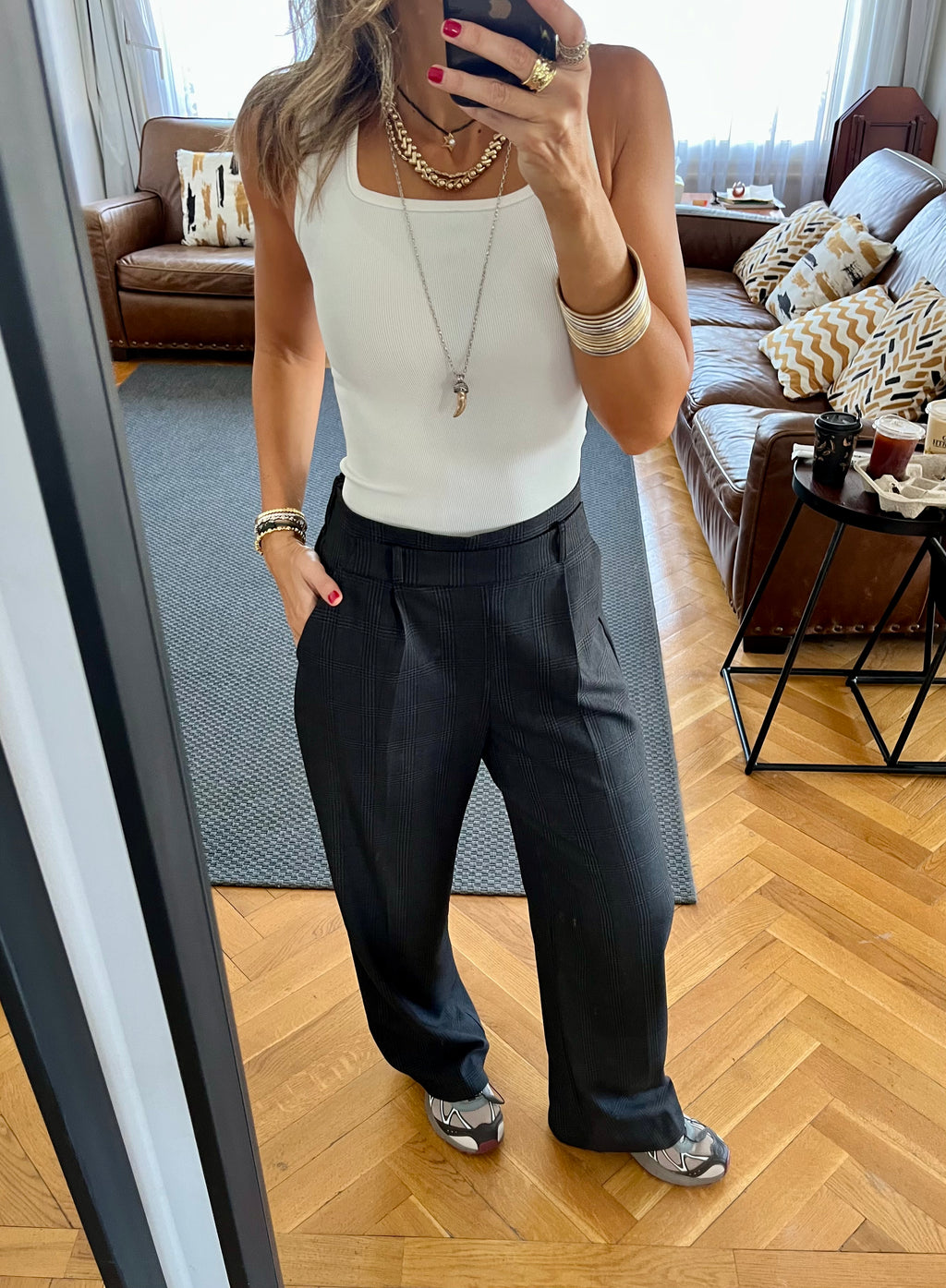 Black Checkered Frillu Signature Pleated Pants